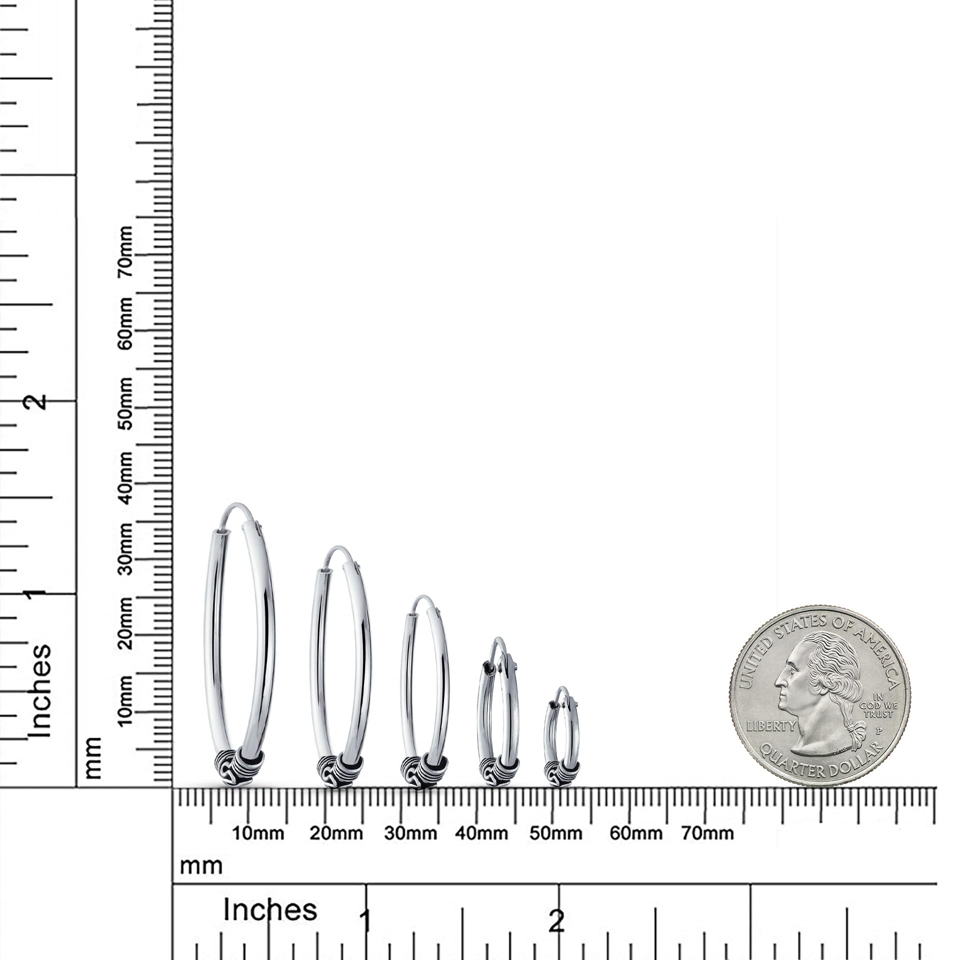 Bali Tribal Swirl Continuous Endless Round Hoop Earrings For Women Oxidized .925 Sterling Silver .50 .75 1 1.25 Inch Diameter