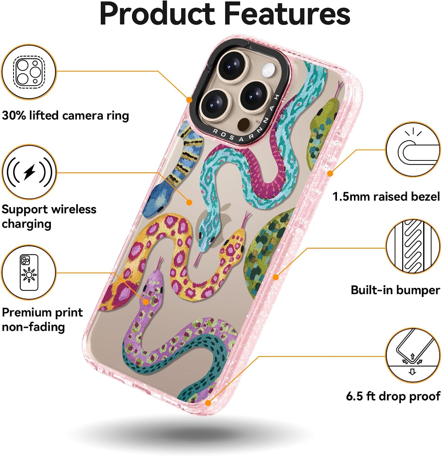 Rosarnnah for iPhone 16 Pro Max Case Cute - Durable Shockproof 6.6 ft Drop Impact Phone Case - Funny Snake Design (6.9") Glitter Pink