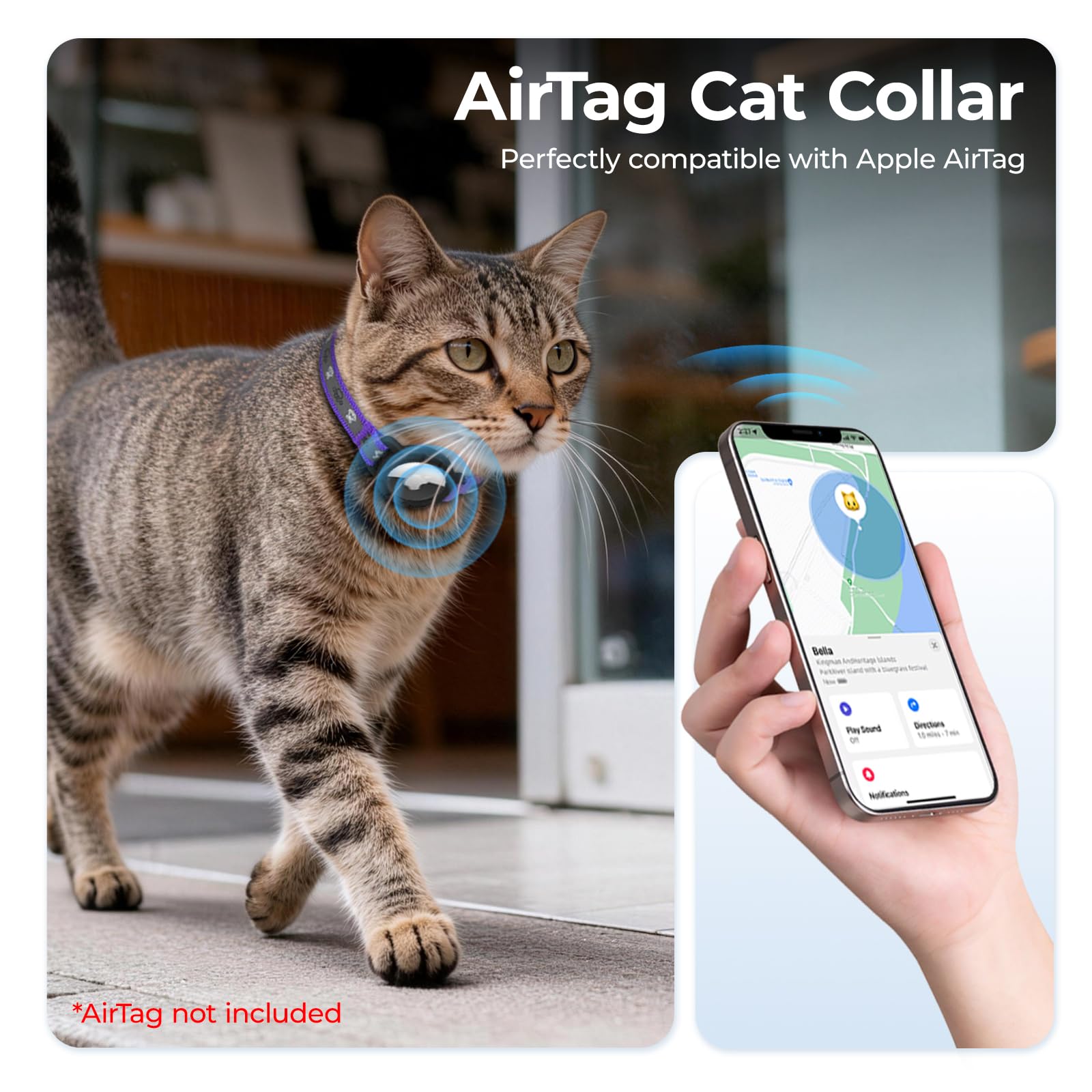Breakaway AirTag Katzenhalsband, reflektierendes Katzen-Tracker-Halsband mit Airtag-Halterung und Glocke, Sicherheits-Gummiband, Katzen-GPS-Halsbänder für Mädchen, Jungen, Katzen, Kätzchen und Welpen