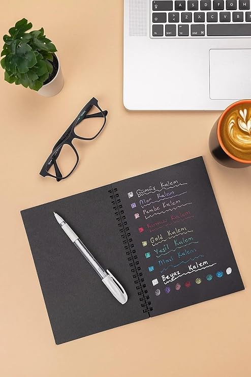 Siyah Yapraklı Spiralli A6 10x14 Cm Mini Defter 1 Adet 30 Yaprak 60 Sayfa & Beyaz Jel Kalem Hediyeli Siyah