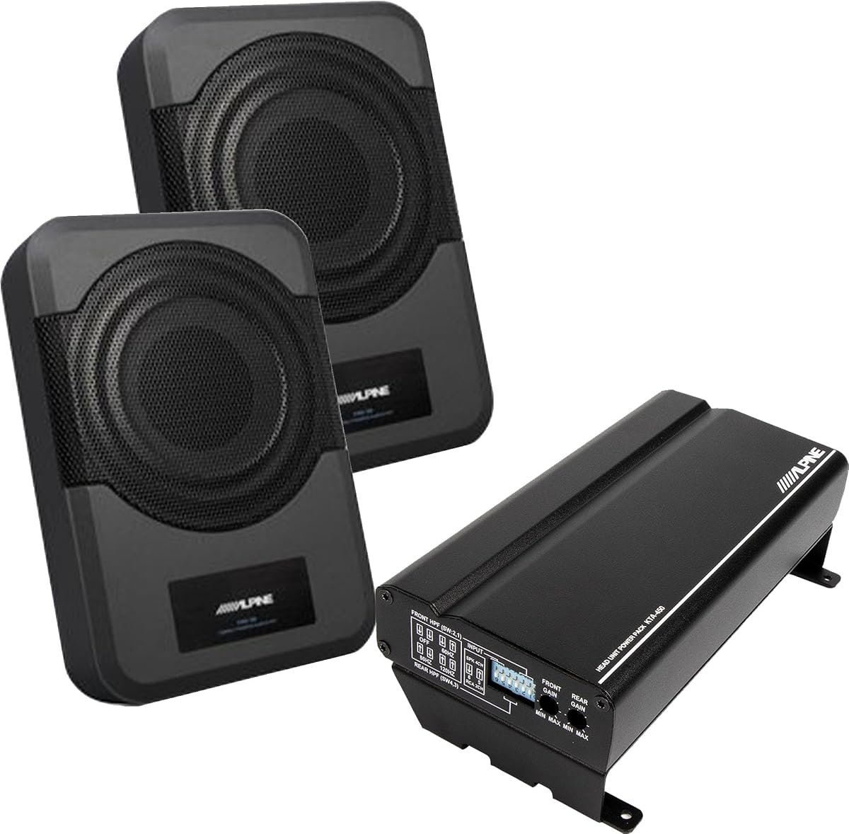 2-Subwoofer PWE-S8 KTA-450 Amplifier Bundle | Bundle includes two PWE-S8 compact 8 in powered subwoofer systems and a KTA-450 4-channel power pack amplifier.