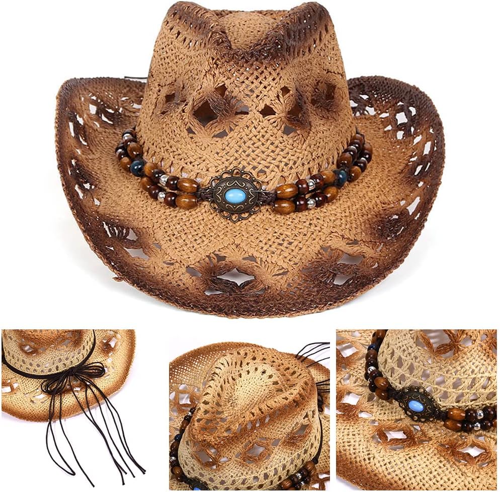 Woven Straw Cowboy Cowgirl Hat, Beach Hat Western Cowboy Hat for Clothing Costume Khaki - Image 5