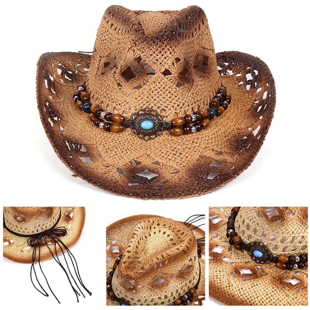 Stroh-Cowboy-Hut für Damen und Herren, Western-Cowboy-Hut, Stroh-Cowboy-Cowgirl-Hut für Herren und Damen, breite Krempe, hohl, atmungsaktiv, Sonnenhut mit Perlenbesatzband, Western-Stil f