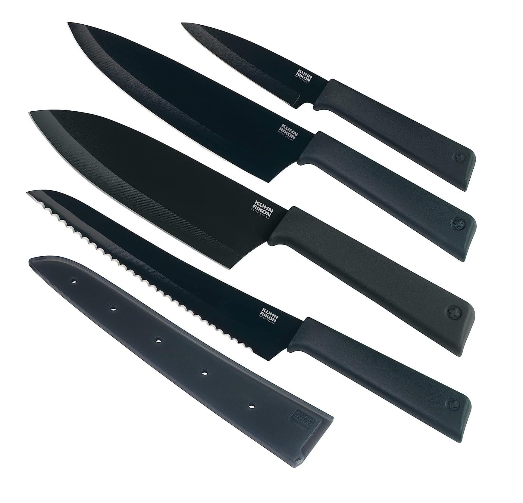 Kuhn Rikon Colori+ Mixed Kitchen Knife Set with Blade Covers, Includes Chef's, Bread, Santoku, and Paring Knives, Ultra-Sharp Japanese Stainless Steel Blades, Dishwasher Safe, Black
