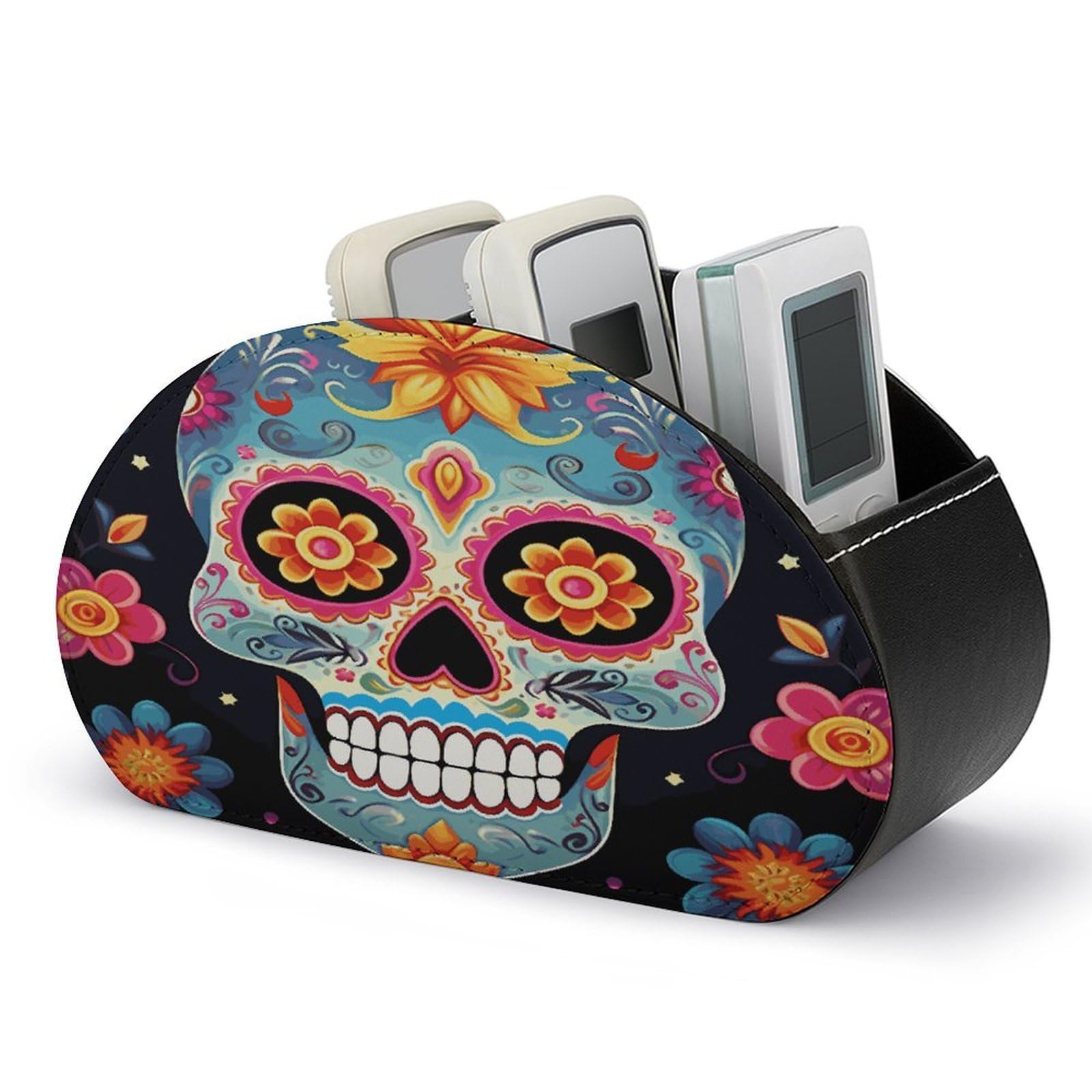 FekiLoot Sugar Skulls Remote Control Holder, PU Leather Remote Control Organizer Box Stationery Remote Control Box Desk Storage Organizer for DVDs,Glasses,Pens,Media Players