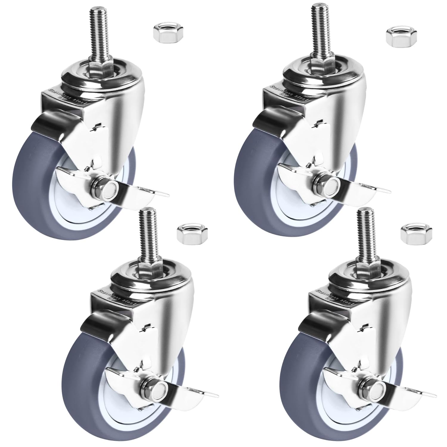 4 inch Stainless Steel Caster Wheels Heavy Duty, 1/2"-13x1-1/2 Threaded Stem Casters with Side Brake, Rust Resistant, Non-Marking TPR Rubber Wheels for Hospital, Lab,Furniture,Restaurant