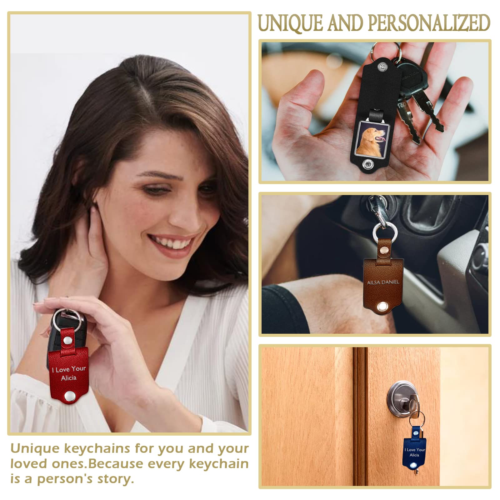 YATEDIY Custom Picture Keychain with Leather Protection, Personalized Colorful Photo Customizable Text Key Chains for Family Lover (Red)