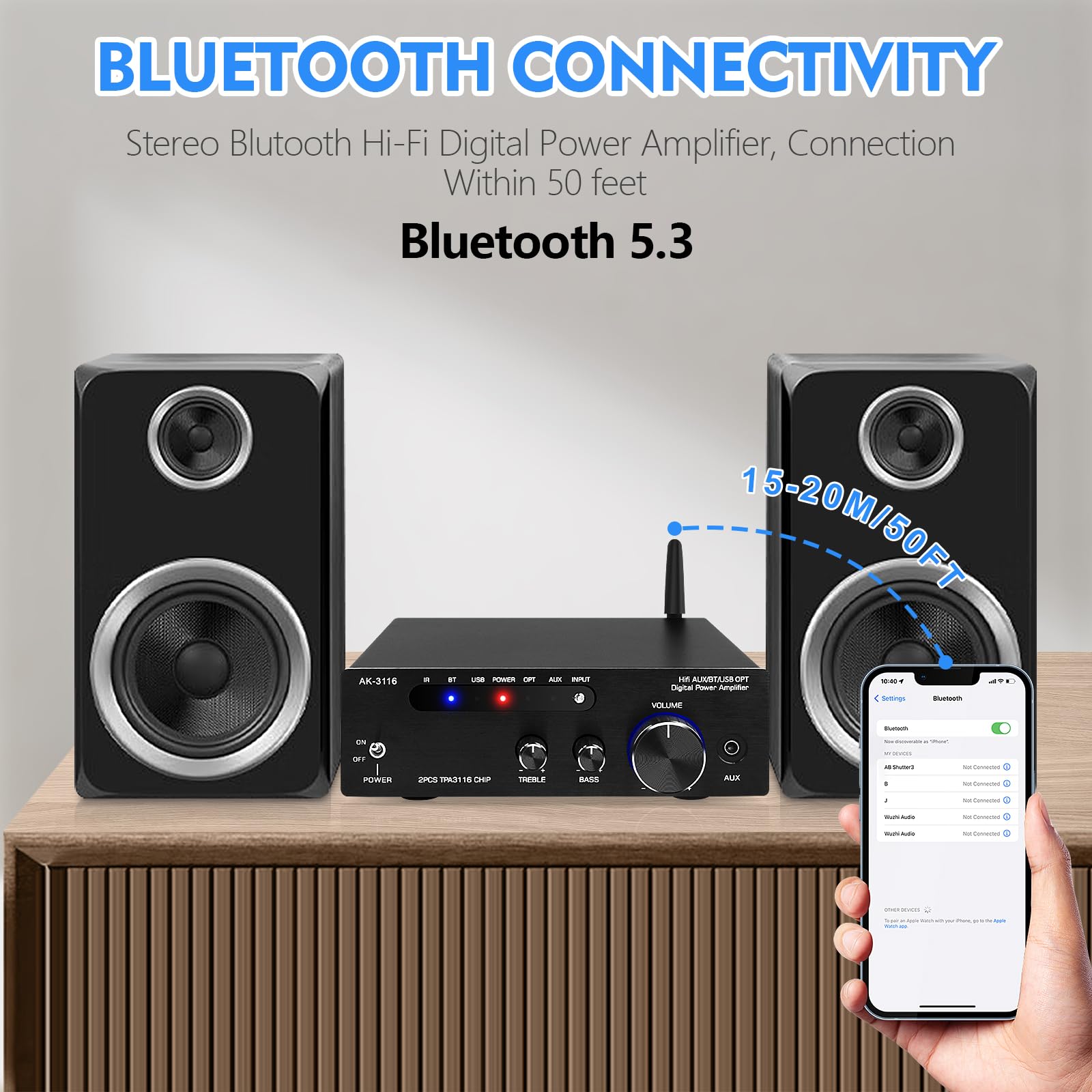 Amplificateur HiFi Bluetooth 5.0, AK-3116 Mini amplificateur Audio stéréo 2.0 canaux 100W x 2 récepteur amplificateur de Puissance numérique de Classe D avec Puce d'amplification TPA3116 Entrée BT