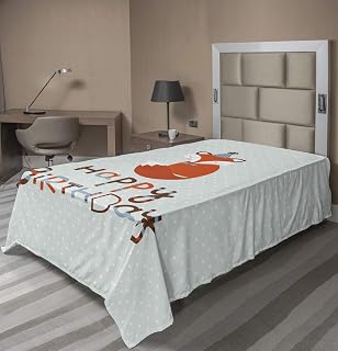Ambesonne Birthday Flat Sheet, Fox Sleeping on Dotted Backdrop with Greeting Happy Message, Soft Comfortable Top Sheet Decorative Bedding 1 Piece, TwinXL Size, Almond Green Orange