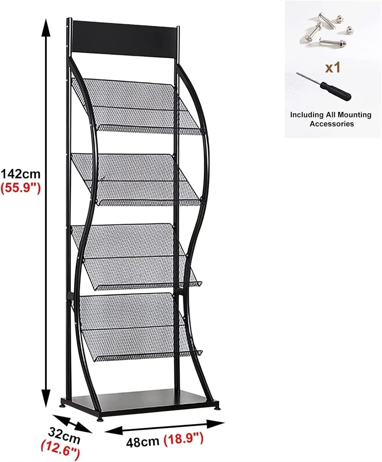 Floor-Standing Magazine Rack Literature Newspaper Black Display Racks for School Hospital Commercial Show Easy to Assemble