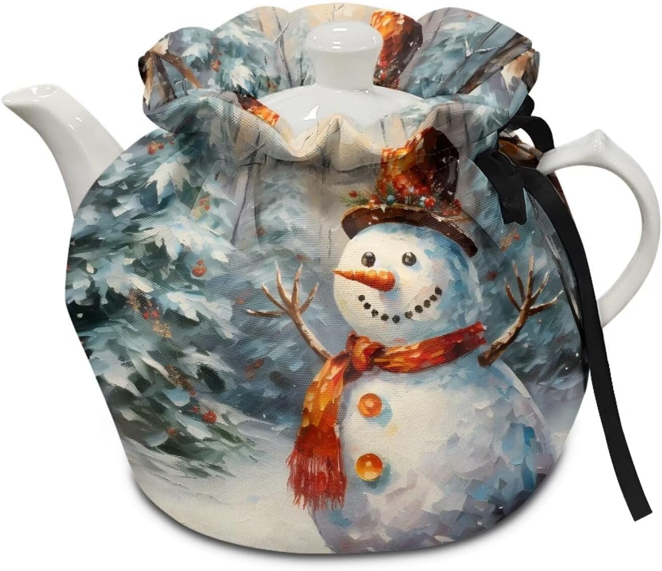 Classic Snowman and Xmas Tree Teapot Cozy Breakfast Warmer Tea Pot Dust Cover Insulated Kettle Cover Not Easy to Pilling and Not Easy to Fade Christmas Decoration