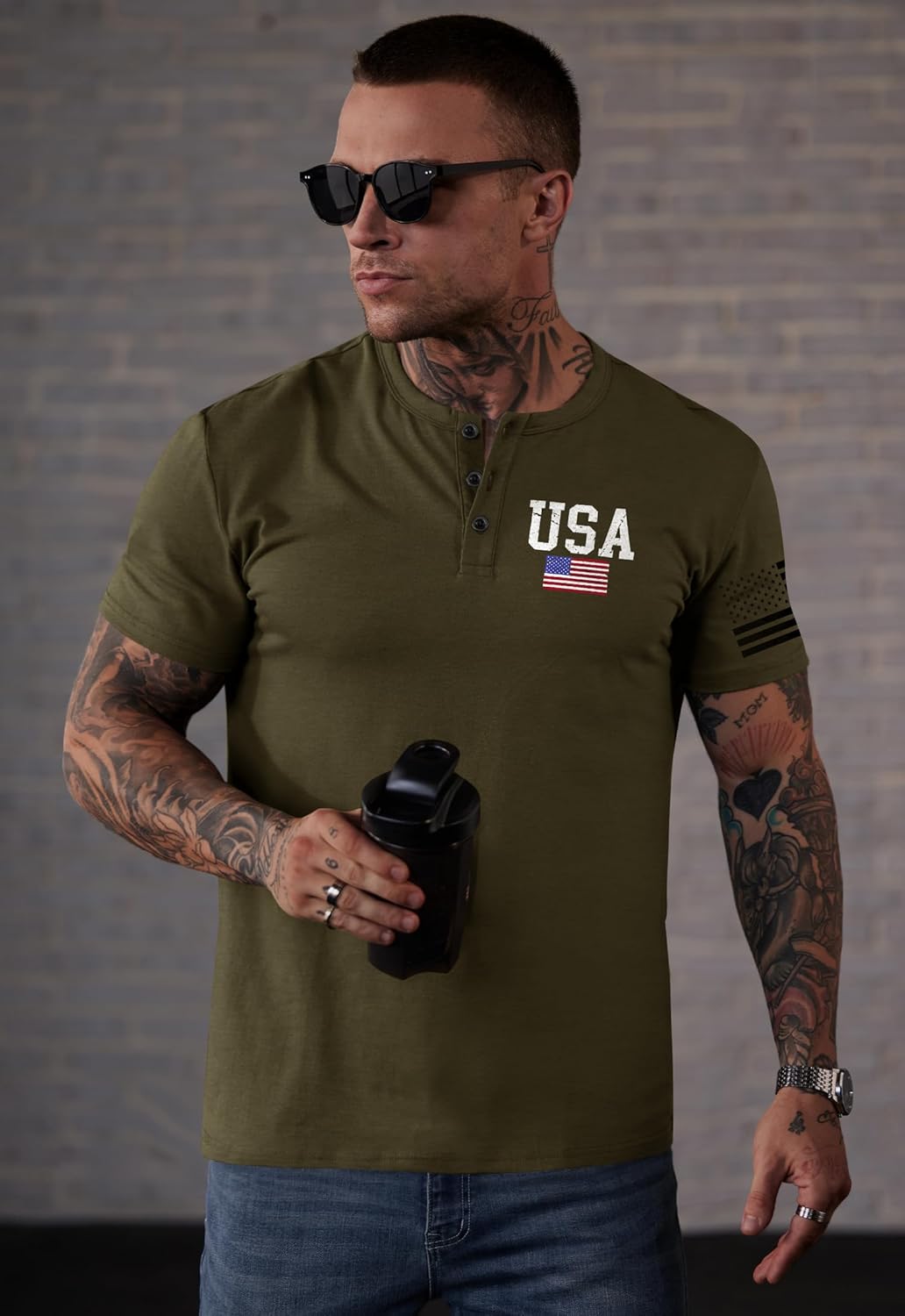 Men's Patriotic Henley Shirts Muscle Distressed American Flag 1776 Vintage T-Shirts (S-3XL)