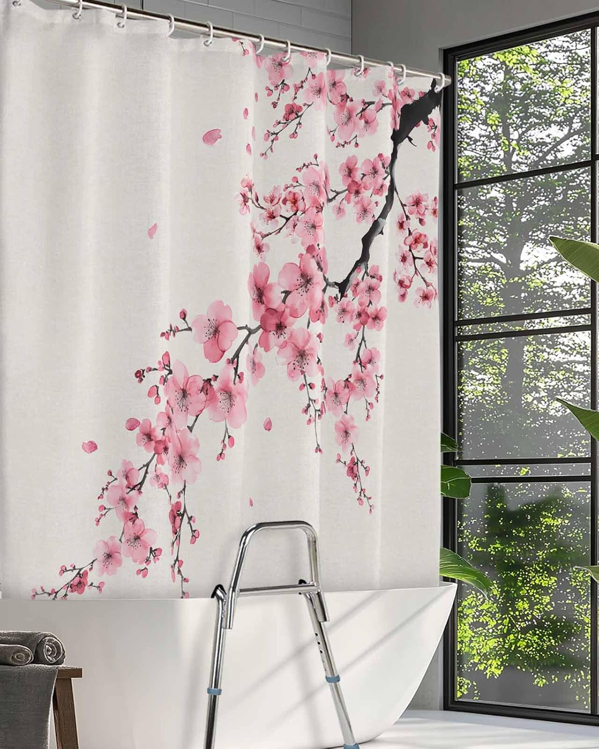 Split Shower Curtain for Transfer Bench, Flowers Japanese Cherry Blossom Shower Curtain for Bathtub 72x72 Inch Waterproof Bath Curtain Set with Hooks and 2 Vertical Slits