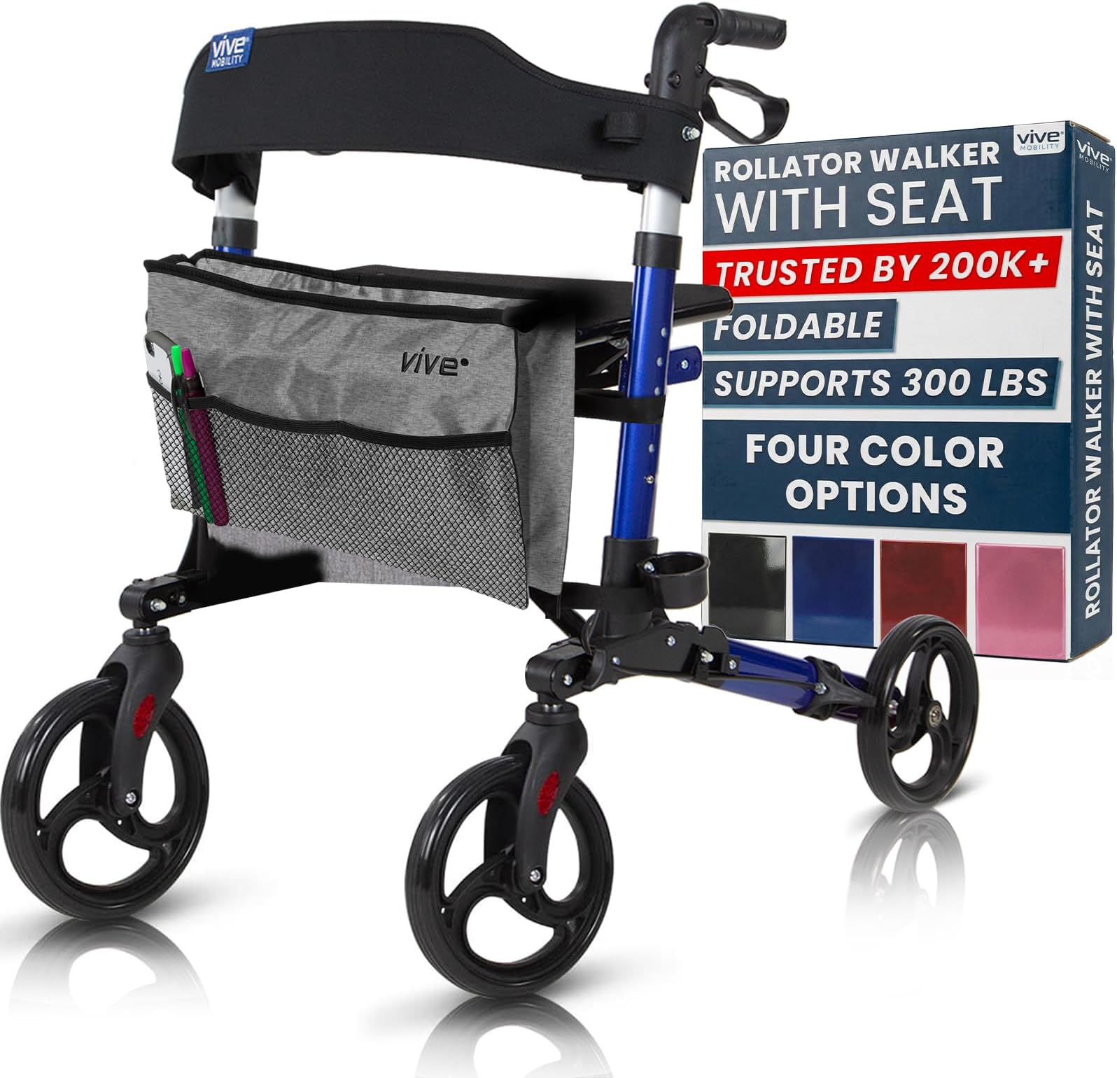 Vive Mobility Rollator Walker - Folding 4 Wheel Medical Rolling Walker with Seat & Bag - Mobility Aid for Adult, Senior, Elderly & Handicap (Ocean Blue, Gray Bag)