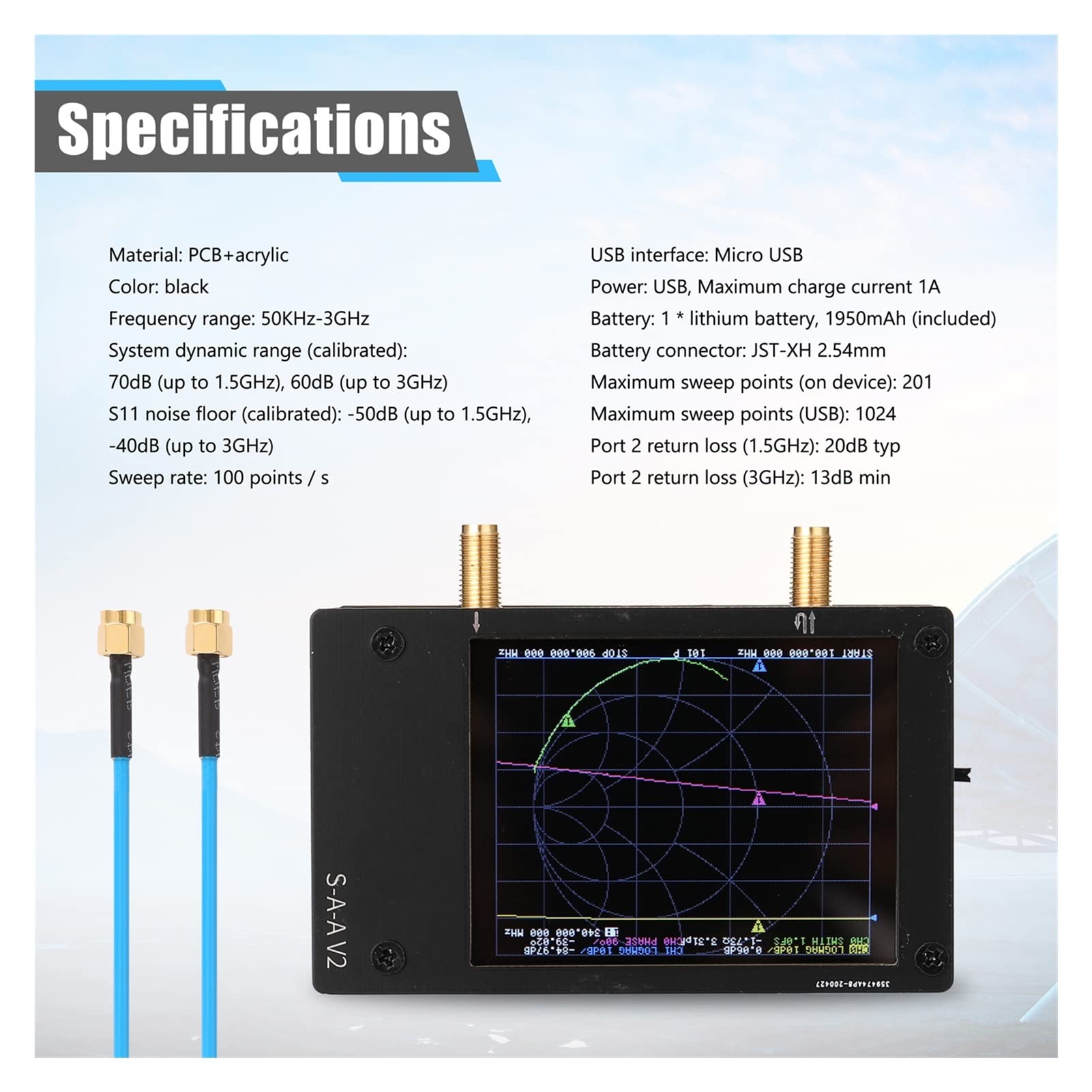 Nätverksanalysator, Analizator anteny VNA-F V2 4.3 Cal IPS LCD Wyświetlanie analizatora sieci wektorowej S-A-A-2 Analizator anteny krótka fala HF VHF UHF(2.8 Inch V2)