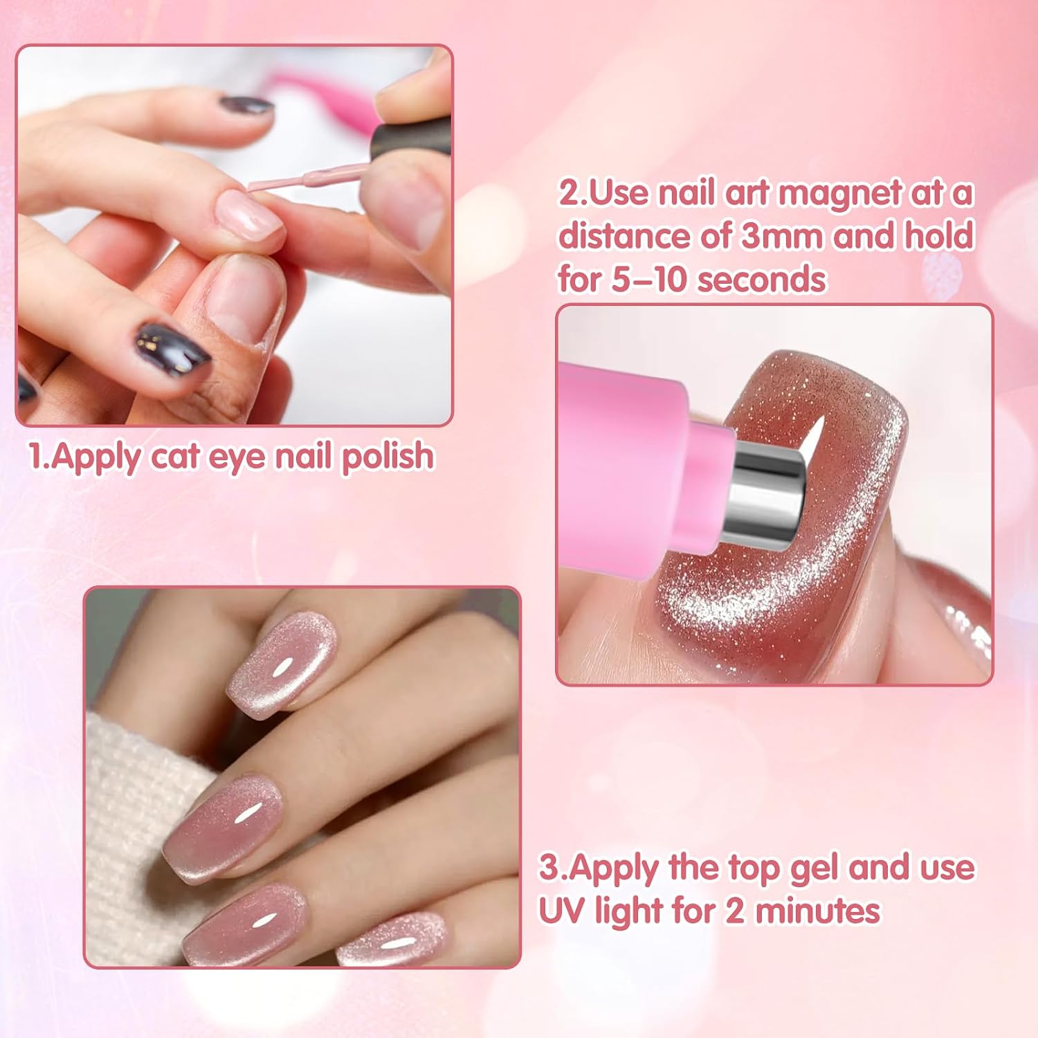 2Pcs 3 in 1 Cat Eye Nail Magnet, Versatile U-shaped Magnet Tool for Cat Eye Gel Polish Heart Shaped Round for Studio Home DIY Salon Multifunctional Accessories Pink