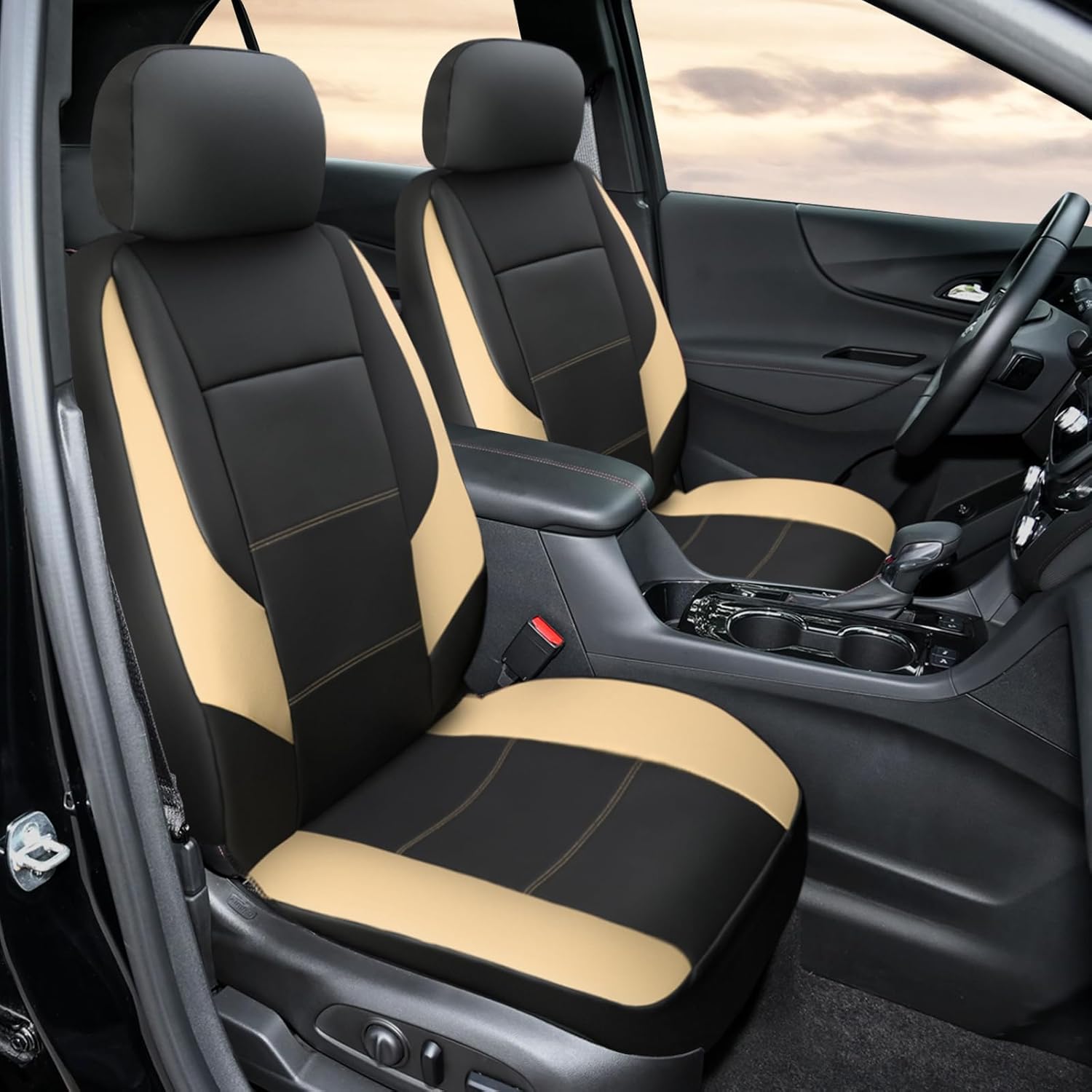 GIANT PANDA Front Car Seat Cover for Chevy, Faux Leather Bucket Seat Covers Custom Fit Chevy Equinox Blazer Malibu Trailblazer Trax Bolt EUV (Beige+Black) 2-Pack