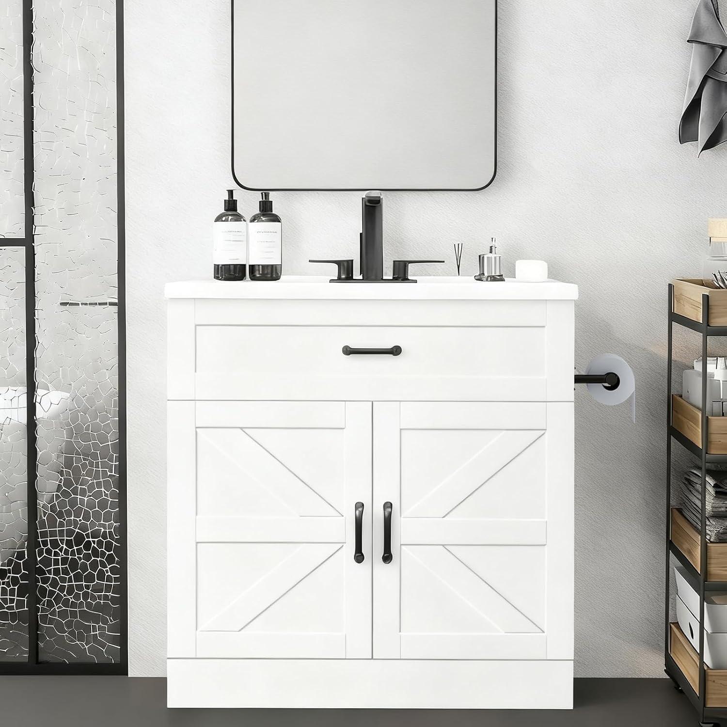 4ever2buy 31" Farmhouse Bathroom Vanity with Sink, Bathroom Vanity Cabinet with Drawer & 2 Barn Doors, Metal Handles, White