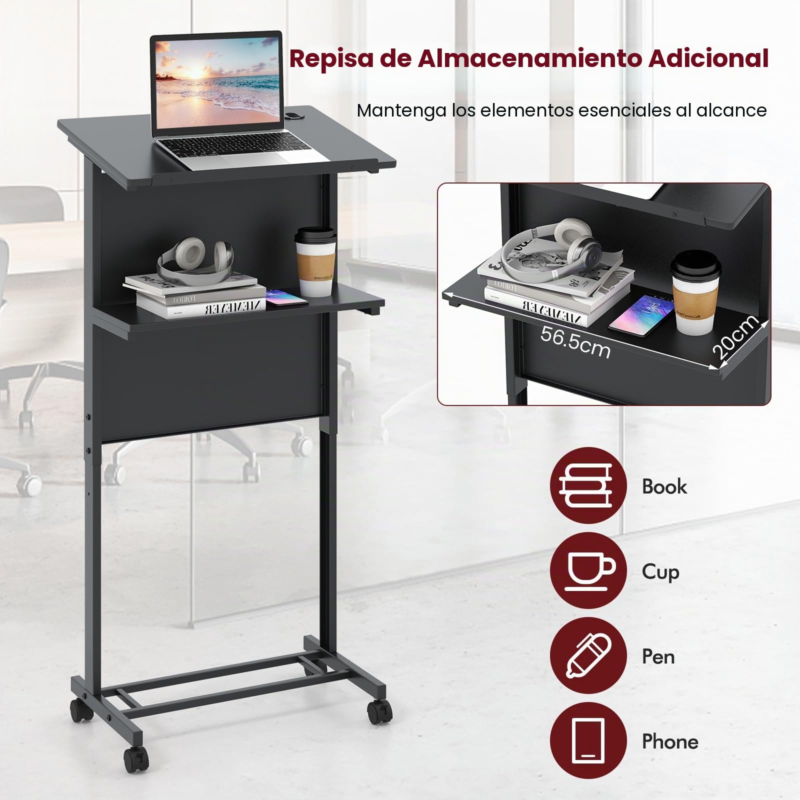 LIFEZEAL Atril, Podio de Conferencia, con 2 Estantes, 4 Ruedas, Altura Ajustable, Mesa de Presentación, para Discursos Públicos, Iglesia, Aula, 60x40x108,5-122,5cm