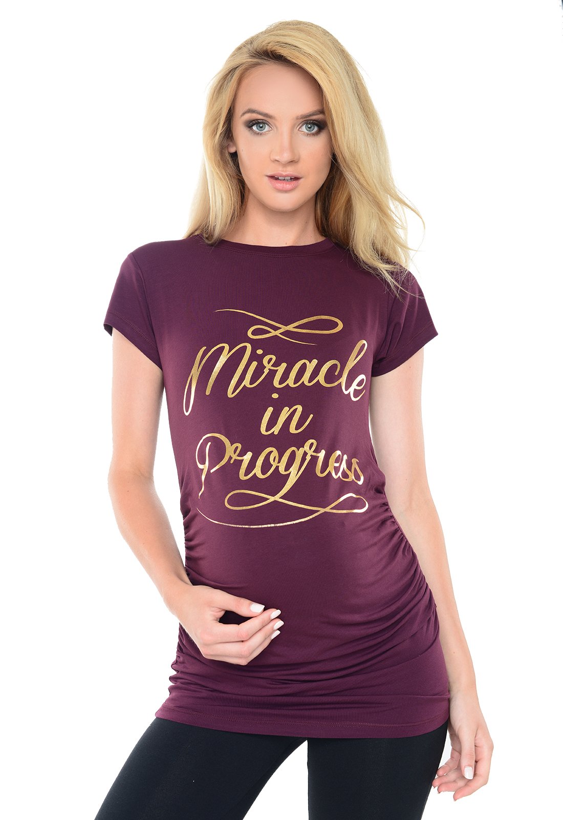 Top Pregnancy T-Shirt Tee for Pregnant Women Slogan Miracle in Progress Gold Print B2012