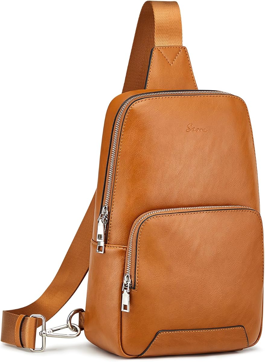 S-ZONE Bolso Bandolera para Mujer Hombre Bloqueo RFID Mochila Bandolera de Cuero Genuino Monederos con Tirantes Mochila de Viaje de Moda Bolsas de Pecho Señoras-Marrón | Cuero de grano superior, múltiples bolsillos, correa reversible y ajustable, uso diario para viajes al aire libre