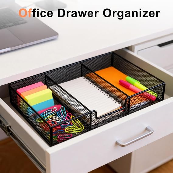 Desk Drawer Organizer Tray, Office Junk Drawer Organizer with 3 Compartments, Metal Mesh Dividers Pen Pencil Storage Box for Office Supplies Desk Accessories Workspace School Cosmetic Organization