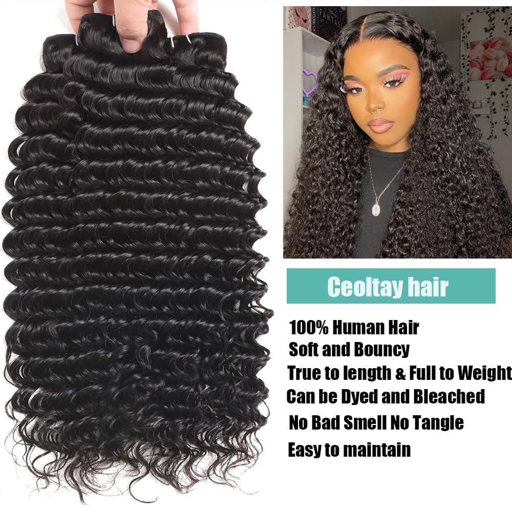 12A Deep Wave Human Hair Bundles 20 22 24 Inch Curly Bundles Human Hair 100% Unprocessed 3 Bundle Brazilian Virgin Human Hair Extensions Quick Weave Natural Black Color