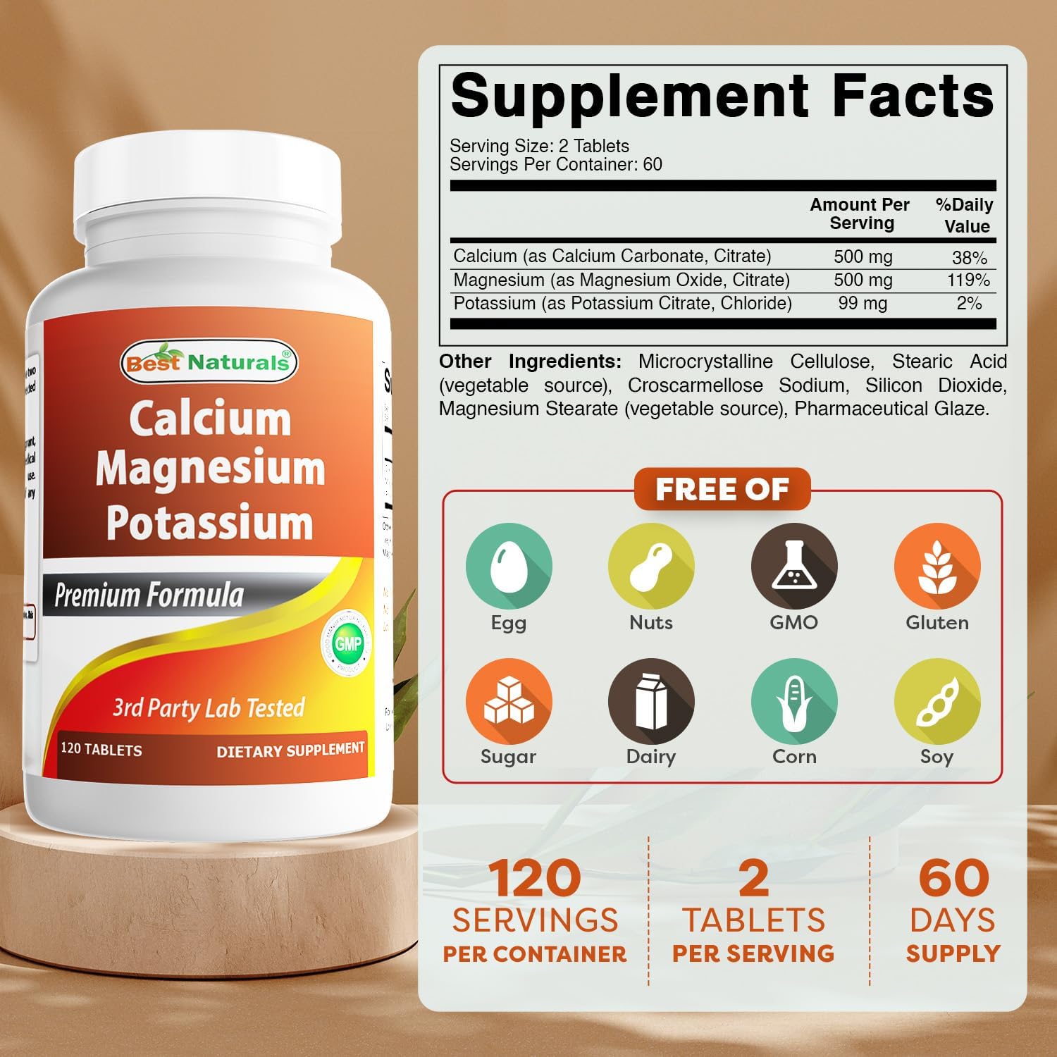 Best Naturals Calcium Magnesium Potassium - 120 Tablets - Non-GMO & Gluten Free (Pack of 2)