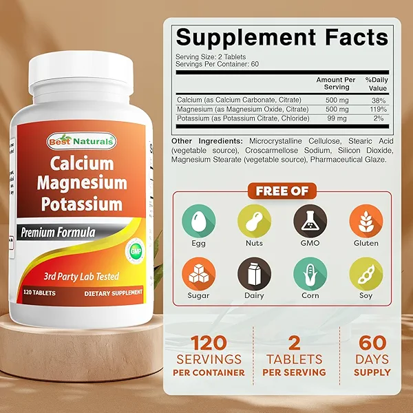 Best Naturals Calcium Magnesium Potassium - 120 Tablets - Non-GMO & Gluten Free