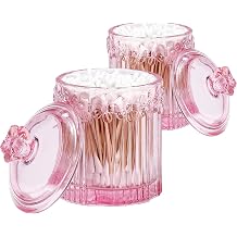 Pink Qtip Cotton Ball Hair Ties Candy Holder Makeup Storage Bathroom Accessories Organizer Thick Glass Apothecary Jars with Lid, 2pcs