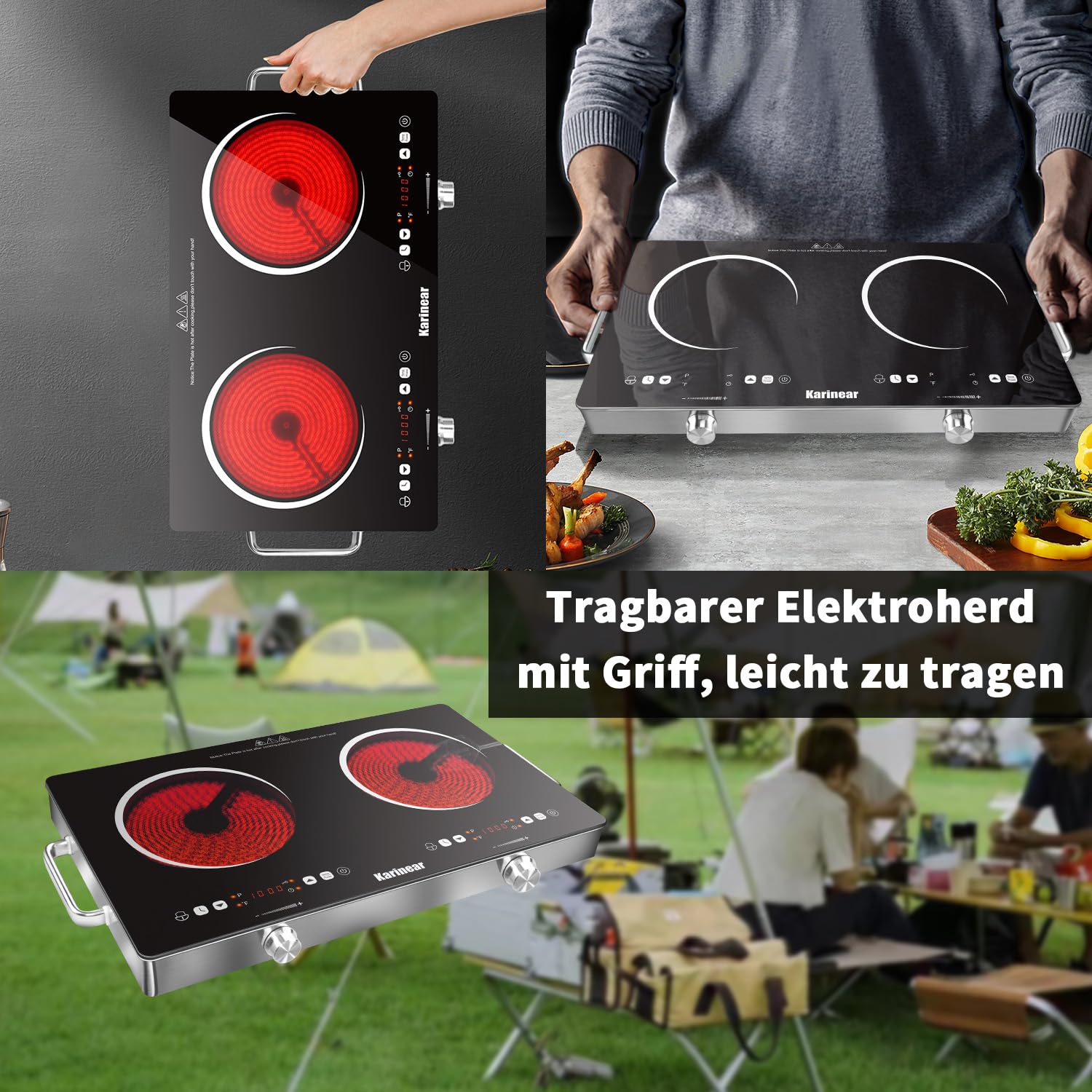 Karinear Elektrische Kochplatten 2er 3200W Glaskeramikkochfeld Freistehend Drehknopf 240V
