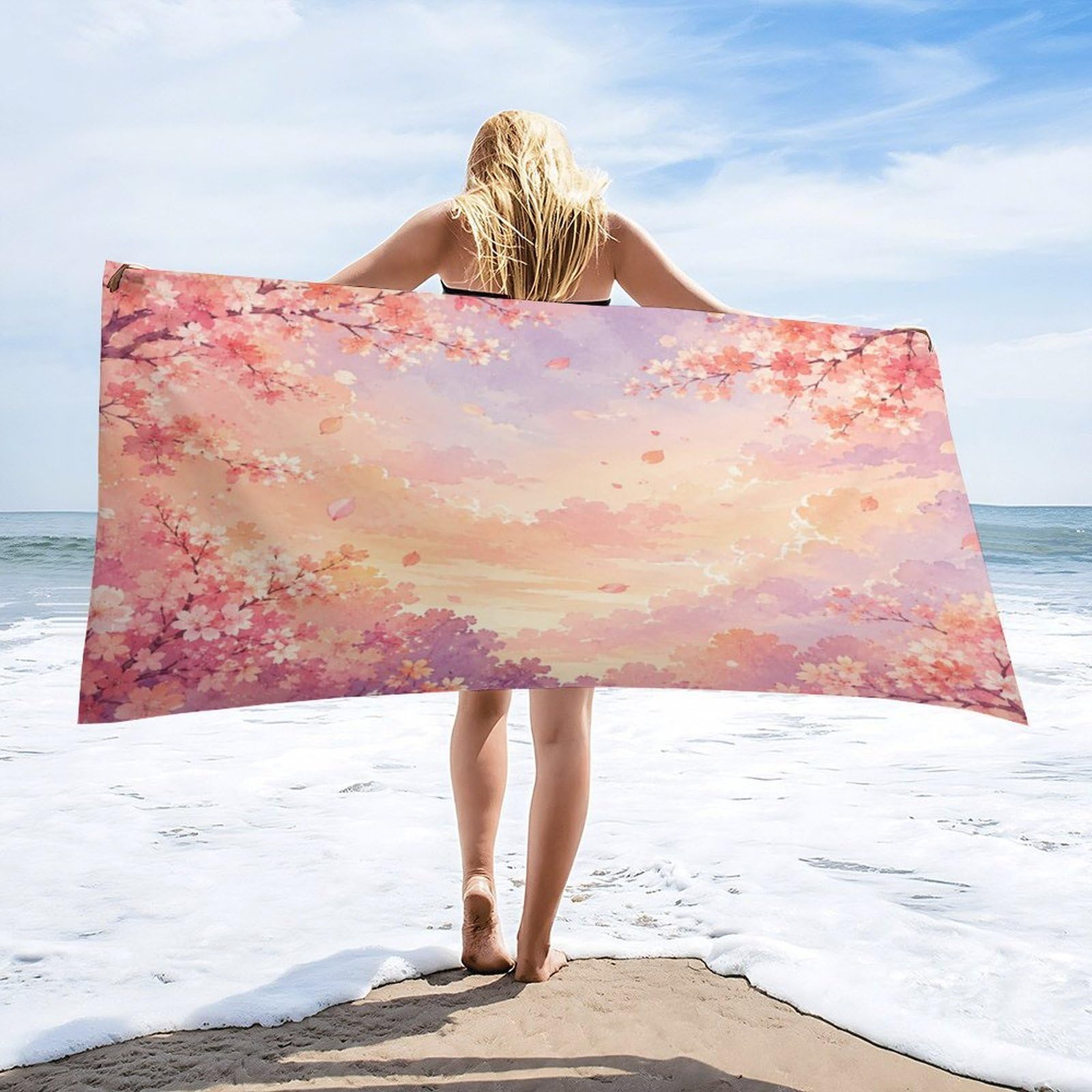 Anceky Cherry Blossom Sky Sunset Spring Beach Towel 32"×63",Soft Microfiber Bath Towel Shawl, Quick Dry Absorbent Pool Spa Gym Shower Towel