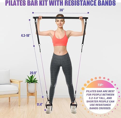Miniatura 4 de Pilates Bar Kit for Women, 3-Section Screw Portable Pilates Bar with Metal Adjustable Buckle, Resistance Bands with Durable Carabiner,
