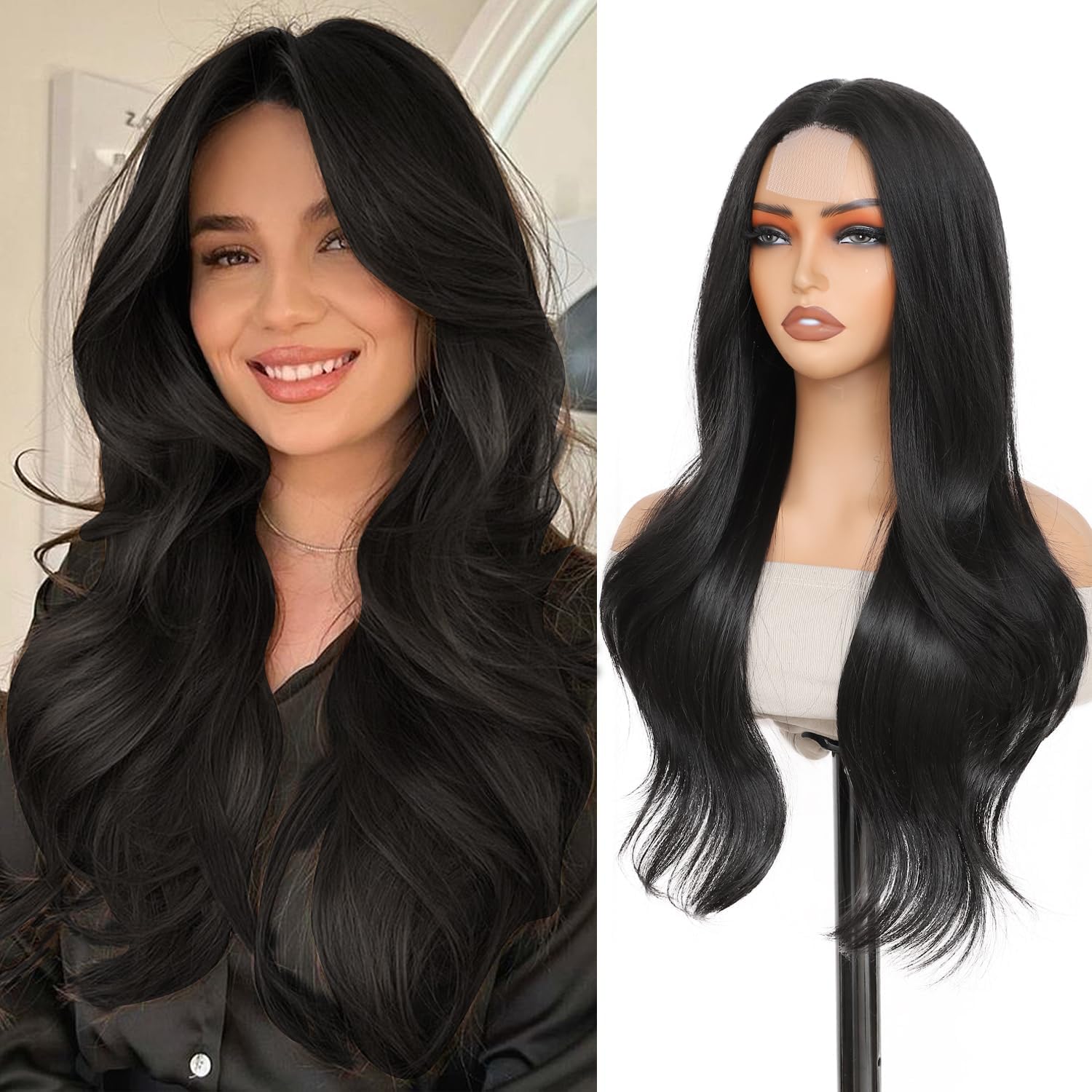 Long Black Wig Layered Wigs for Women, 26 Inch Middle Part Synthetic Heat Resistant Wig Natural Looking Realistic Wigs for Daily Party Use (Natural Black)