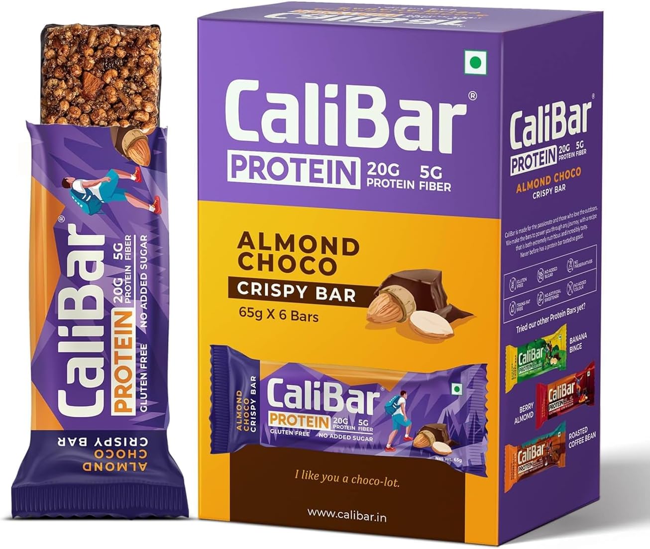 CaliBar 20g Protein Bar - Almond Choco Crispy Bar No added Sugar, Gluten-Free, 5g Fiber, No Preservatives, No Palm oil, Delicious Taste & 100% Veg Whey & Plant Based Protein (6 Bars)