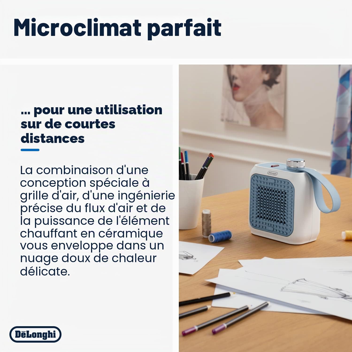 De'Longhi Capsule Desk - Chauffage Céramique Personnel, Mini-Chauffage Électrique Basse Consommation, Chaleur Immédiate, Silencieux, Arrêt Automatique si renversé, 360 W, Bleu Clair (HFX10B03.LB)