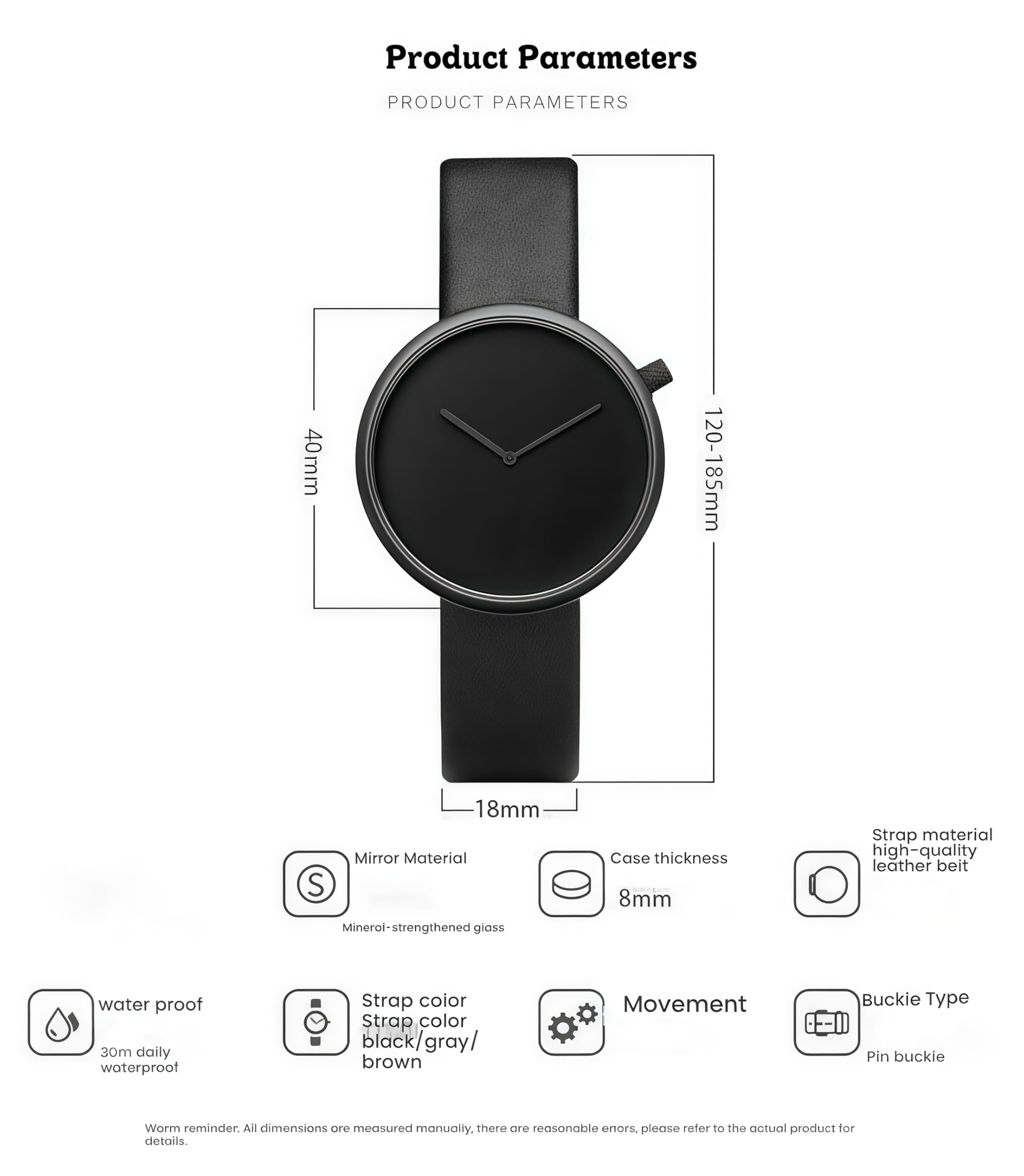 Gosasa Montre à quartz minimaliste unisexe - Cadran de 4 cm - Bracelet en cuir véritable - Ultra-mince 0,8 cm - Étanche jusqu'à 30 m - Simple - Analogique - Pour homme et femme