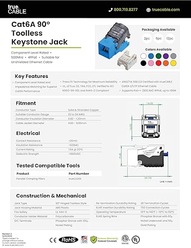Miniatura 8 de TRUE CABLE Conector Keystone sin herramientas Cat6A, sin blindaje (UTP), PoE++ (4PPoE) 100W, certificación UL, verificado ETL, certificado ANSITIA,