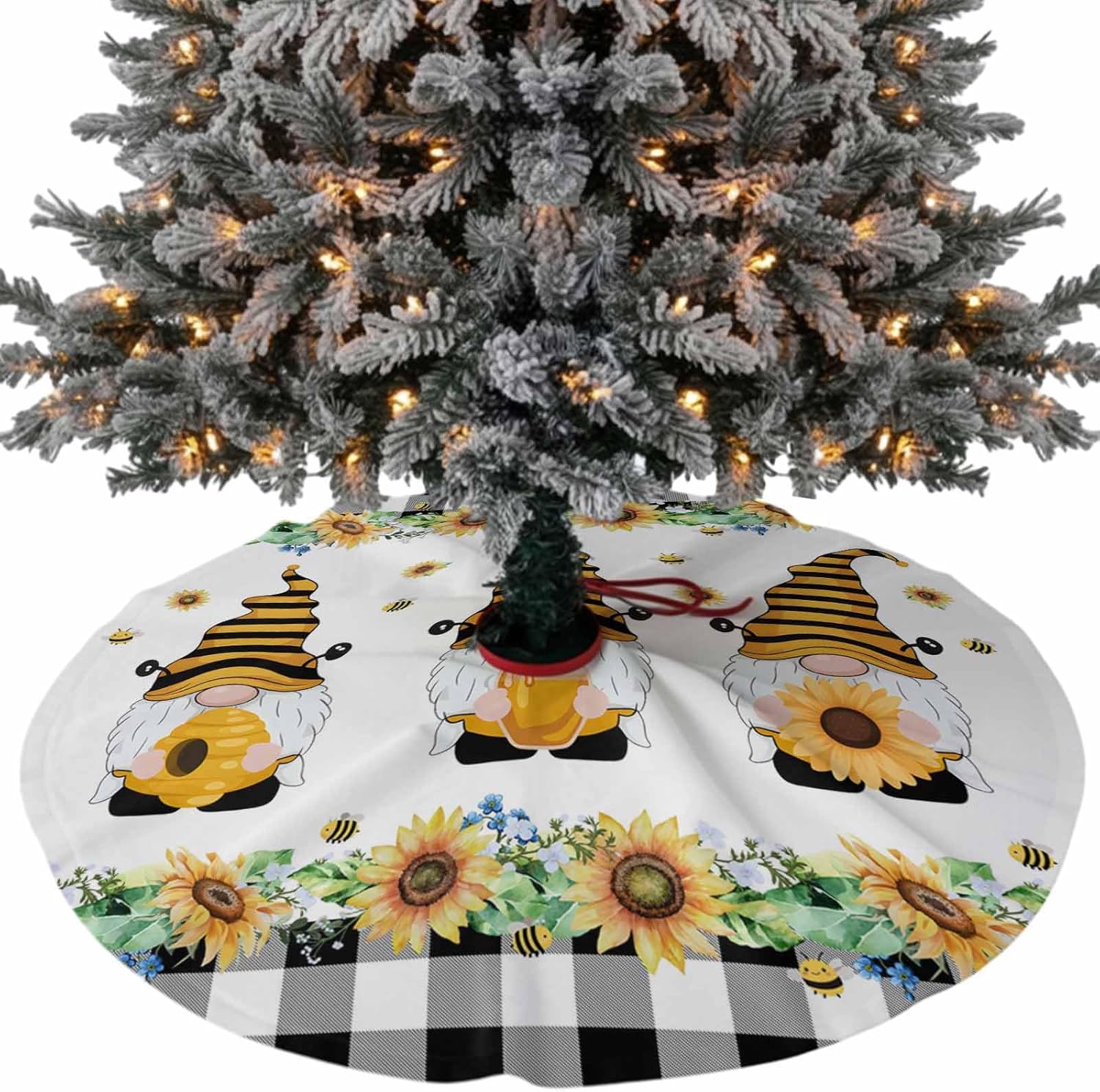 Christmas Tree Skirt, Sunflower Gnomes Christmas Tree Skirts Ornaments Décor, Black White Plaid Farmhouse Bee Xmas Tree Skirt Mat Decorations for Holiday Party Indoor Outdoor 48 Inch
