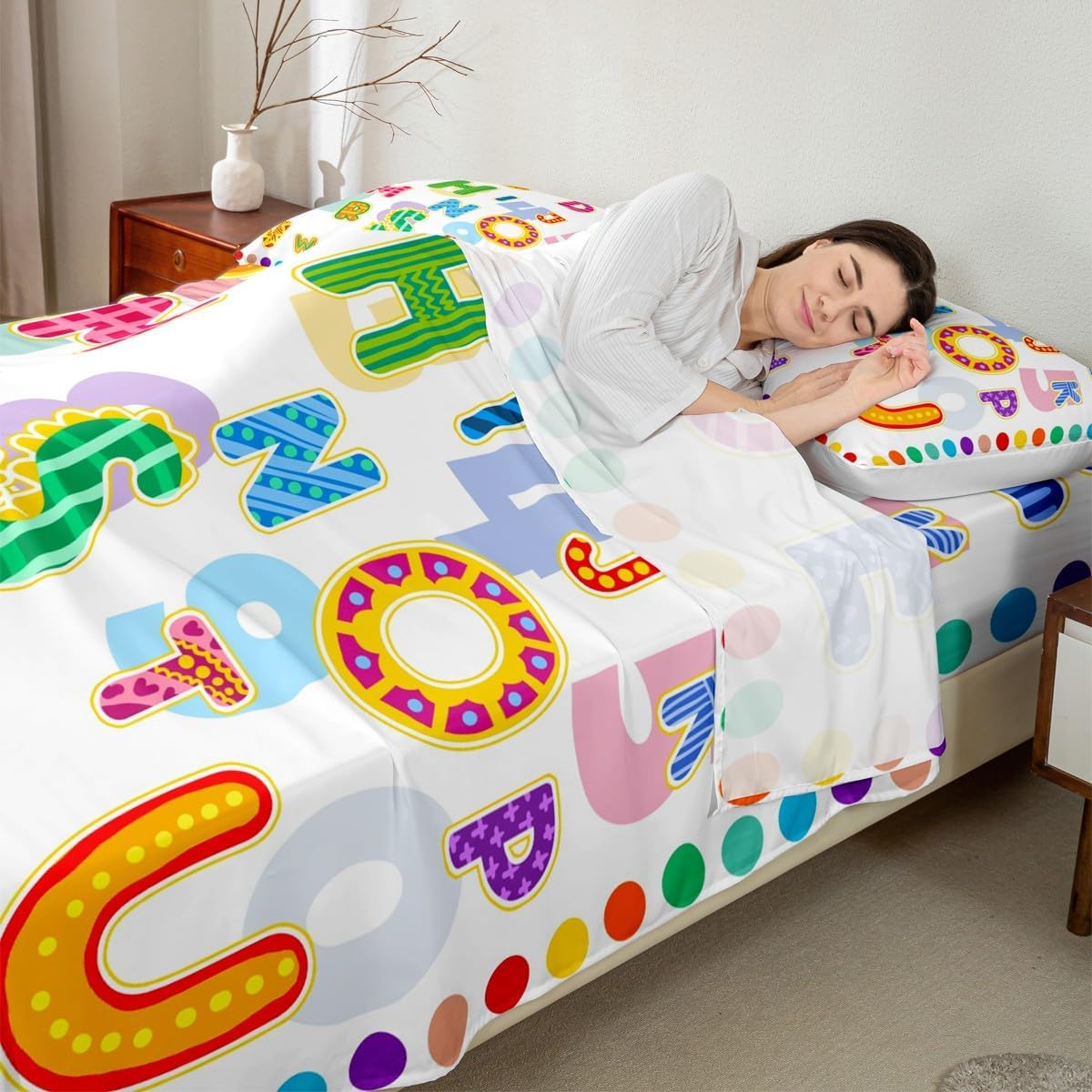 jejeloiu Alphabet Colorful Bed Sheets Set Boys Girls,King Size,Educational ABC Alphabet Sheet with 16 Inch Deep Pockets,Early Learning Bedding,Rainbow Dots Bedding Collection,Monogrammed
