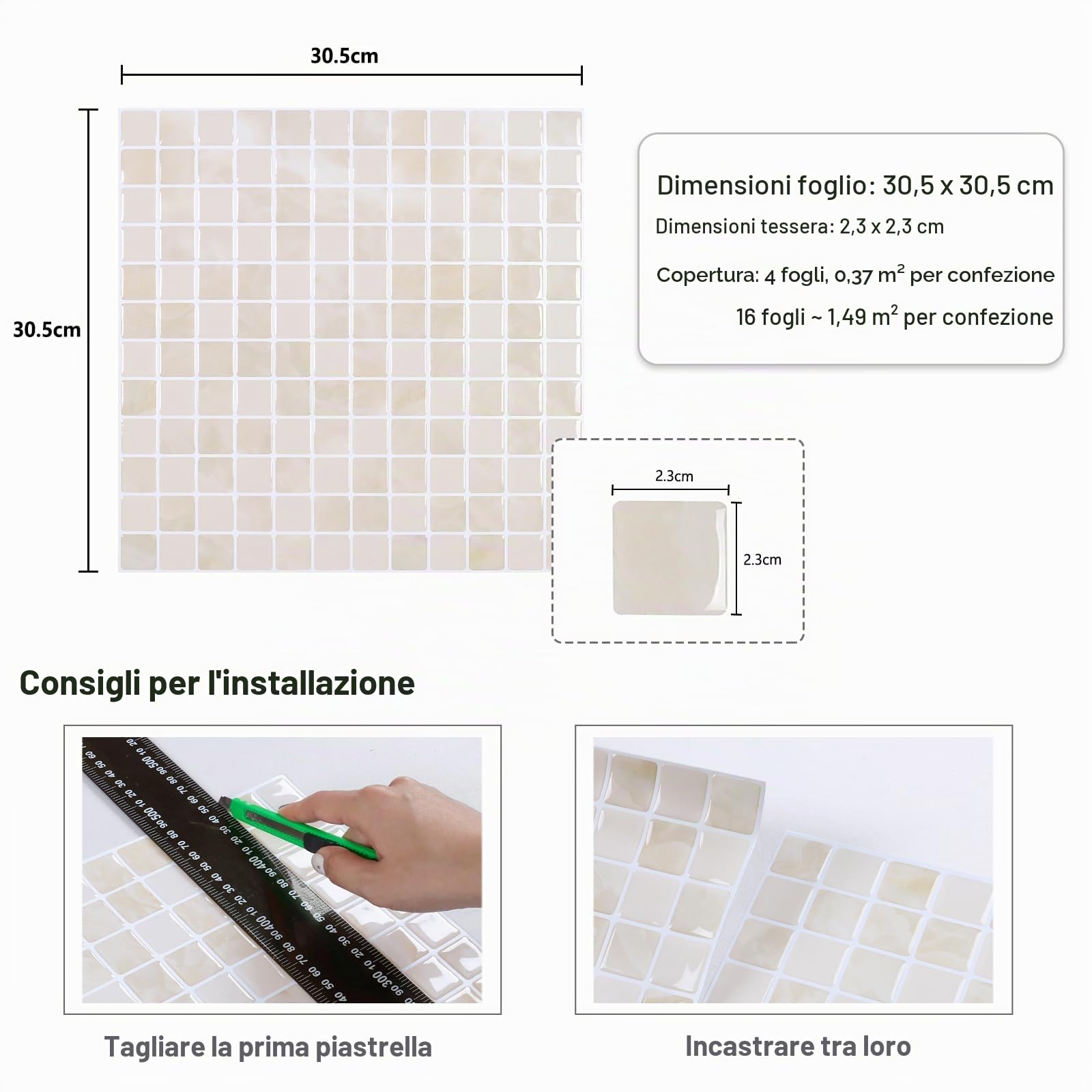 CRE8TIVE 16 Pezzi Piastrelle Adesive Marmo Mosaico Mattonelle Adesive Cucina Paraschizzi Cucina Beige Piastrelle Adesive Bagno Impermeabile Adesivi Murali 3D Mattonelle Lavanderia 30.5cm X 30.5cm