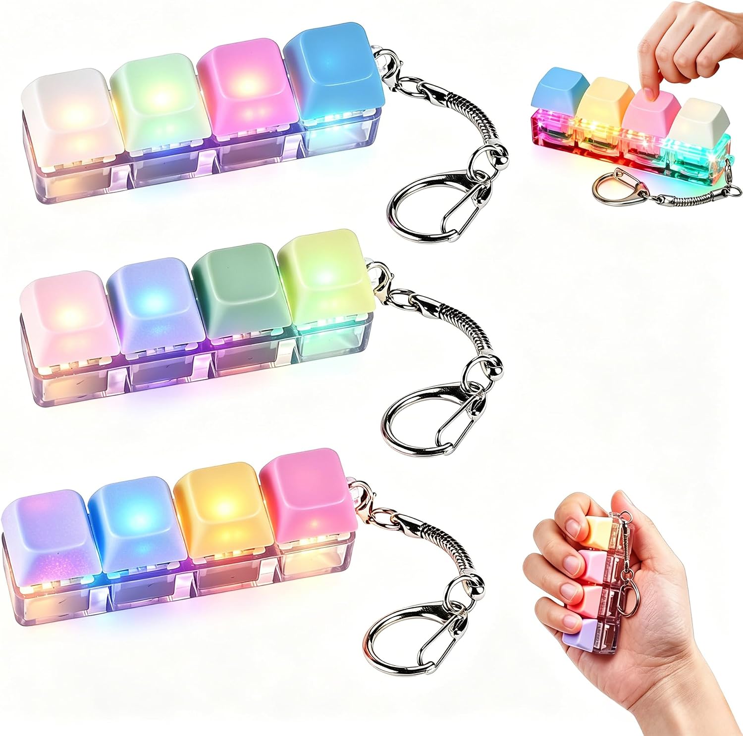 3-Pack Keyboard Fidget Keychain with LED Lights – Stress Relief Clicker Toy for Sensory Decompression, Perfect for Office, Study & Gift Giving, Cute Keychain for Adults & Kids (Colorful)