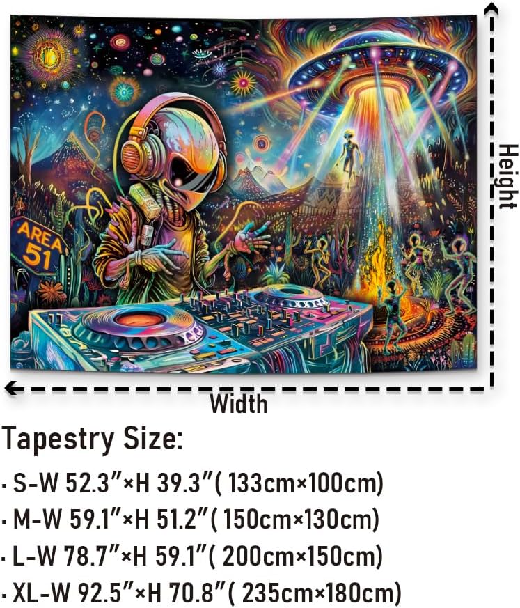 Galoker Blacklight Alien UFO Tapestry Trippy Galaxy Planet Tapestry UV Reactive Funny DJ Music Wall Tapestries Plant Cactus Tapestries Wall Hanging for Home Decor(70.8"x92.5")