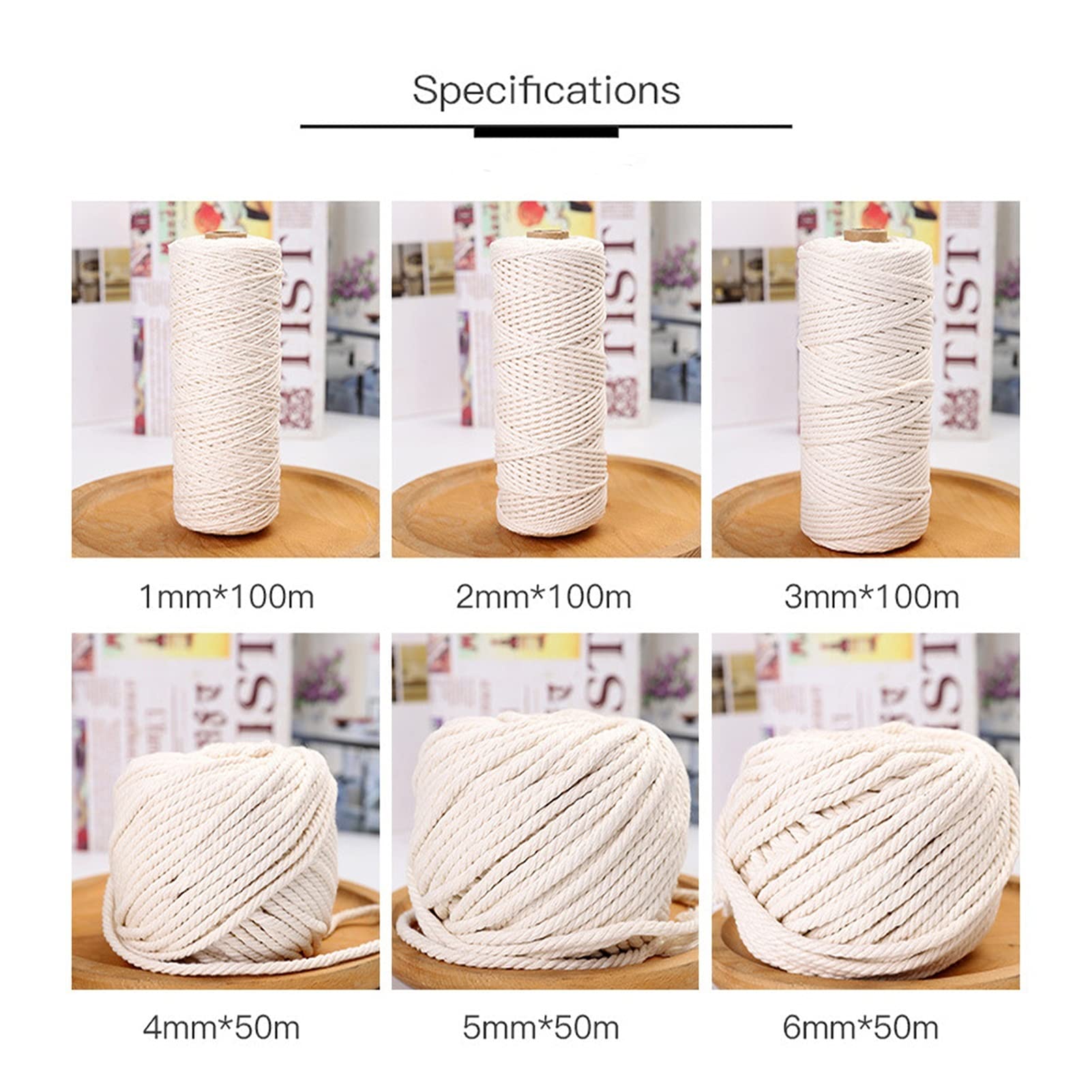 Cuerda de cuerda de macramé de 2 mm, 3 mm, 4 mm, 5 mm, cuerda de hilo de algodón, hecho a mano, manualidades, beige, trenzado, decoración de boda (color : 6 mm 50 m)