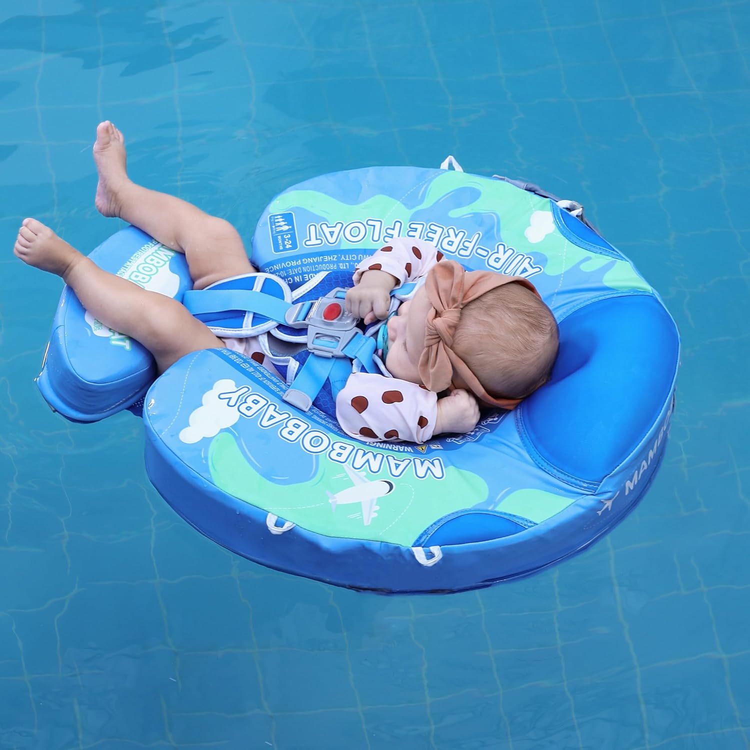 Mambobaby Float with Canopy Non Inflatable Baby Pool Float Upgraded Tail Toddler Baby Float with Removable Sun Canopy Safety Swim Float No Flip Over for Age 3-24 Months, Earth Blue