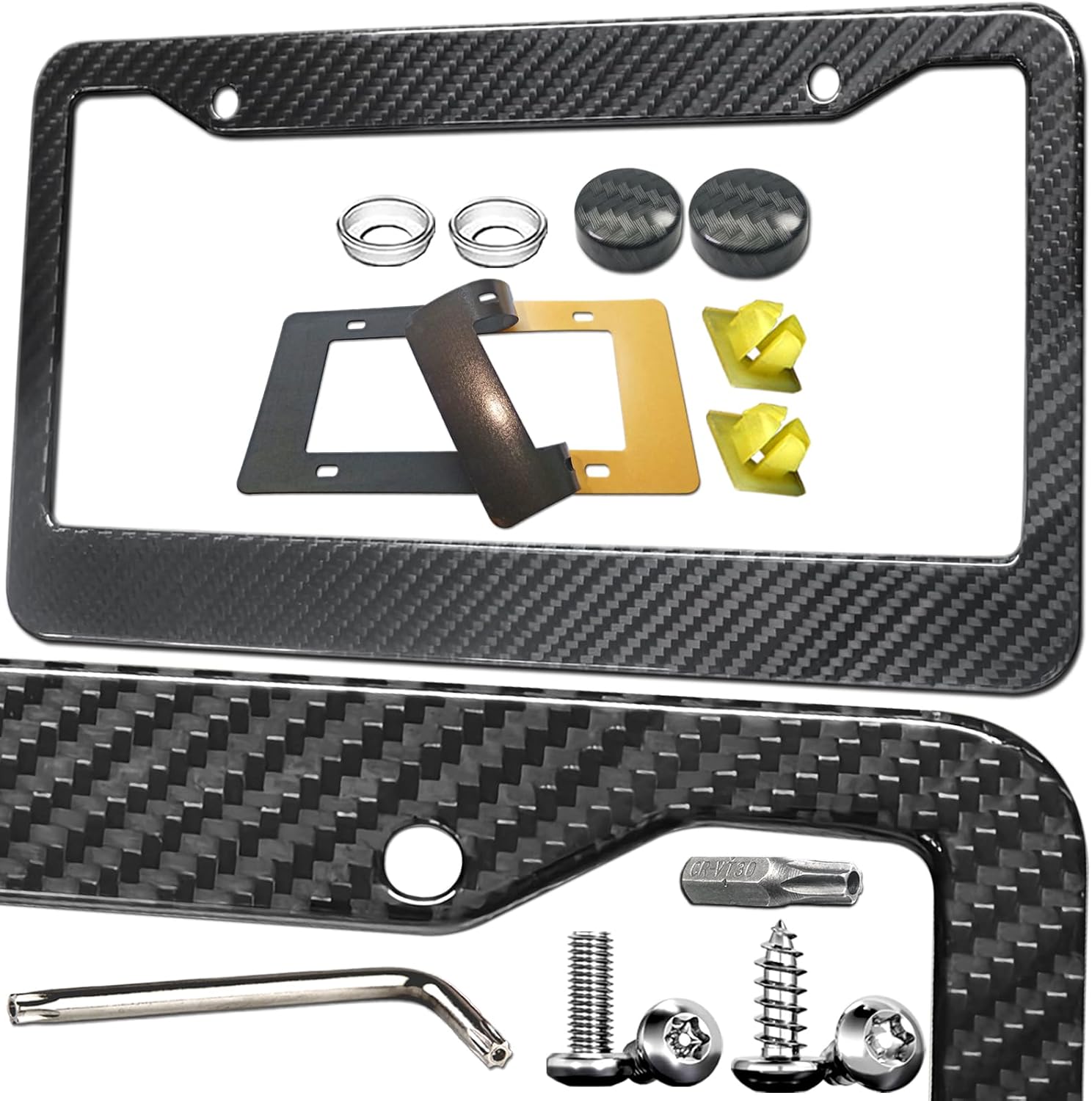 Carbon Fiber License Plate Frame- 1 Pack Real Carbon Fiber Cloth Hand-Wrapped Stainless Steel Holder, Black Car Tag Cover with Anti Theft Screws Caps, 2 Hole Wide Edge