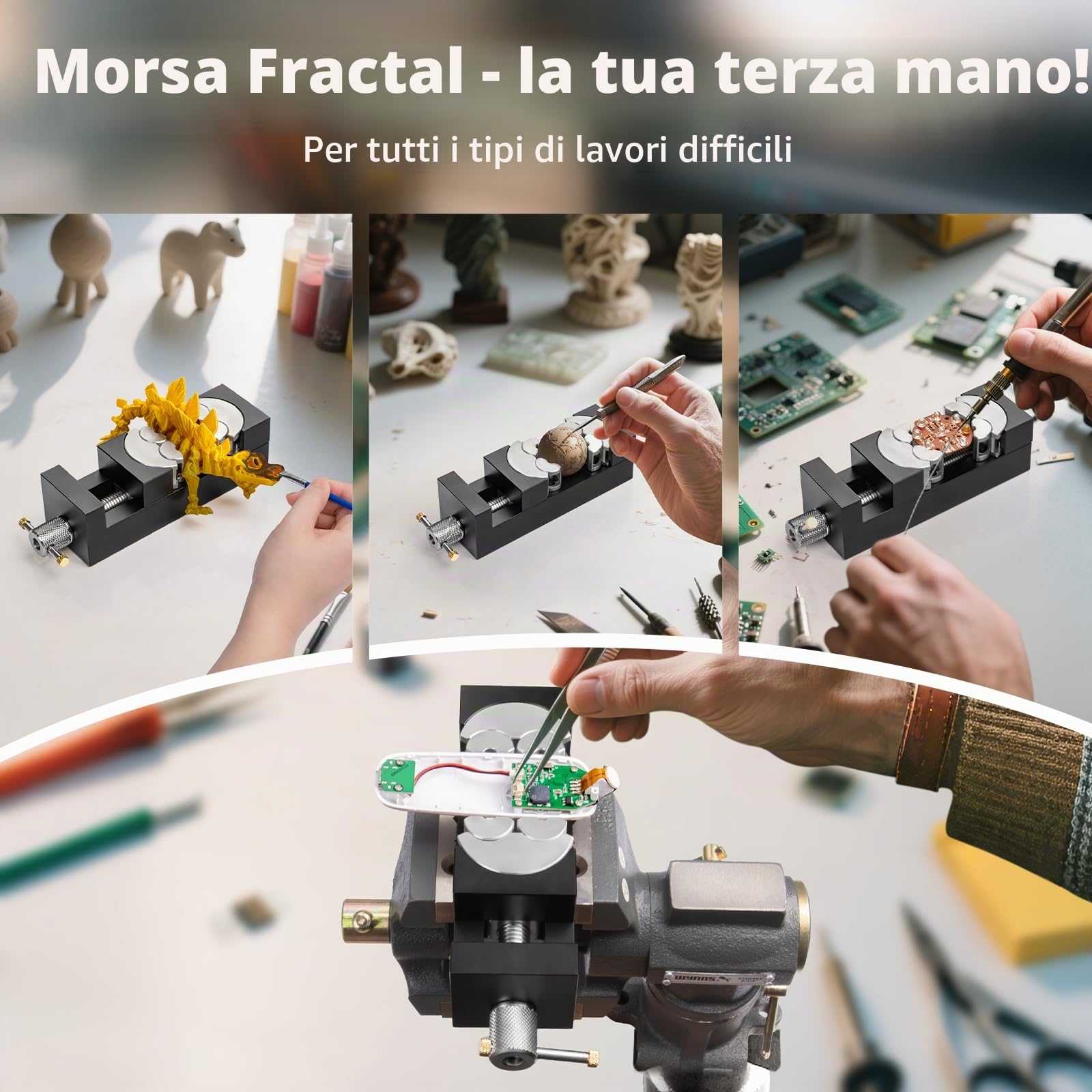 WhiteRhino Morsa fractal intelligente – mini-morsa da banco auto-regolante con 6 ganasce indipendenti per forme irregolari – morsa per trapano per fai-da-te, gioielli & riparazioni