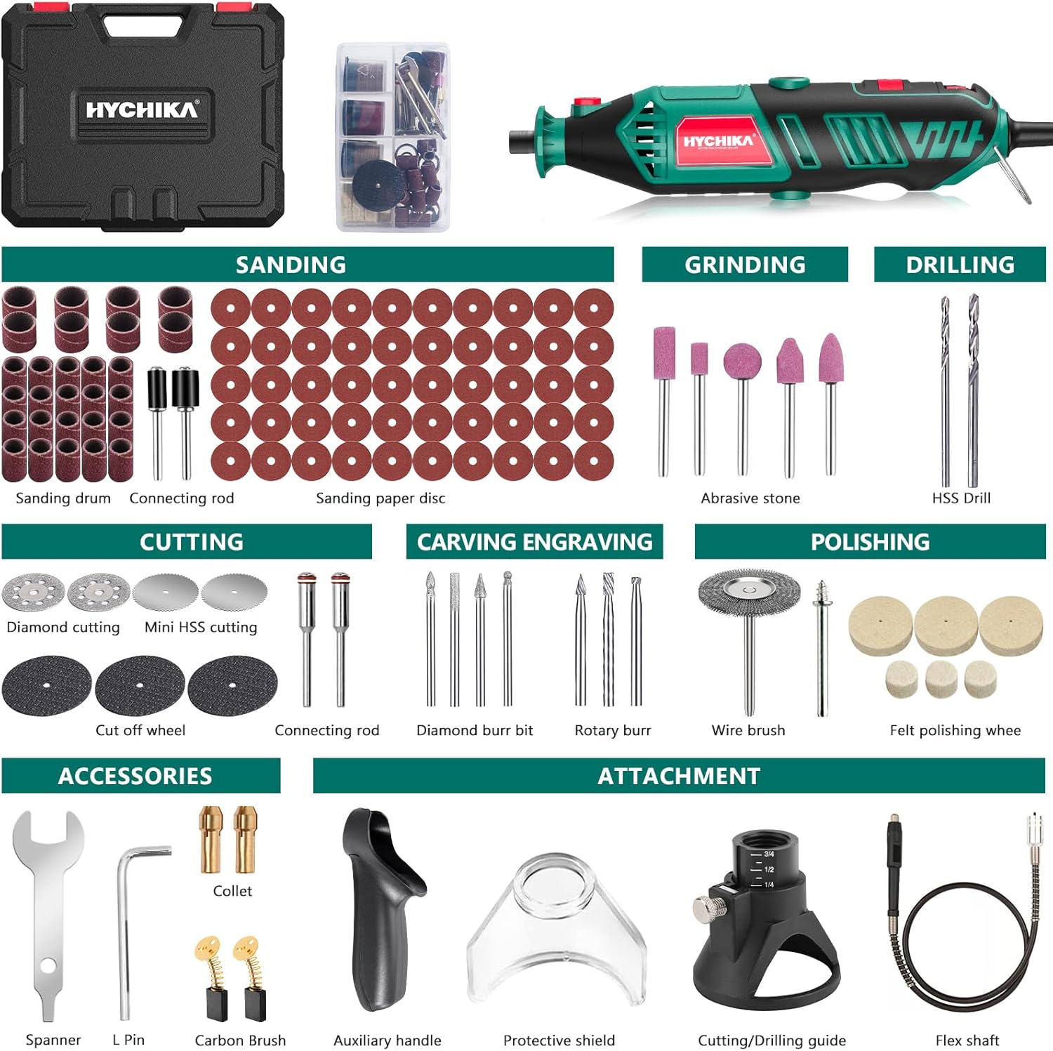 HYCHIKA 180W Rotary Tool, Variable Speed Rotary Tool Kit with Flex Shaft, 173pcs Accessories Kit & 8000-35000RPM Multi-Tool, Perfect for Cutting, Detail Sanding, Engraving, Wood Carving, and Polishing