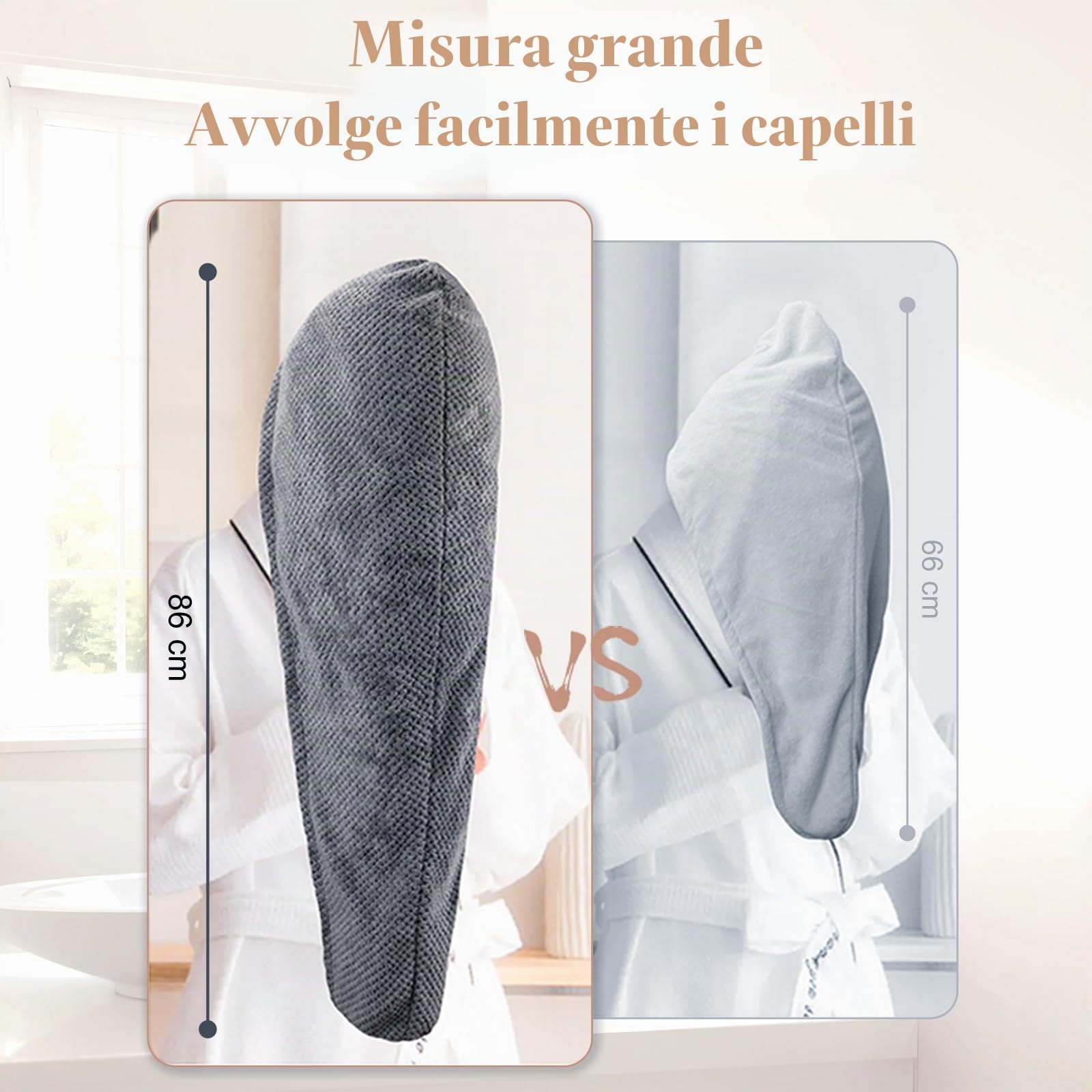 FREATECH 2-Pack Grande Asciugamano Capelli Microfibra 86 x 26 cm, Turbante Asciugacapelli per Capelli Lunghi Spessi Ricci, Super Assorbente Turbante per Capelli Anti-Crespo con Fascia Elastica