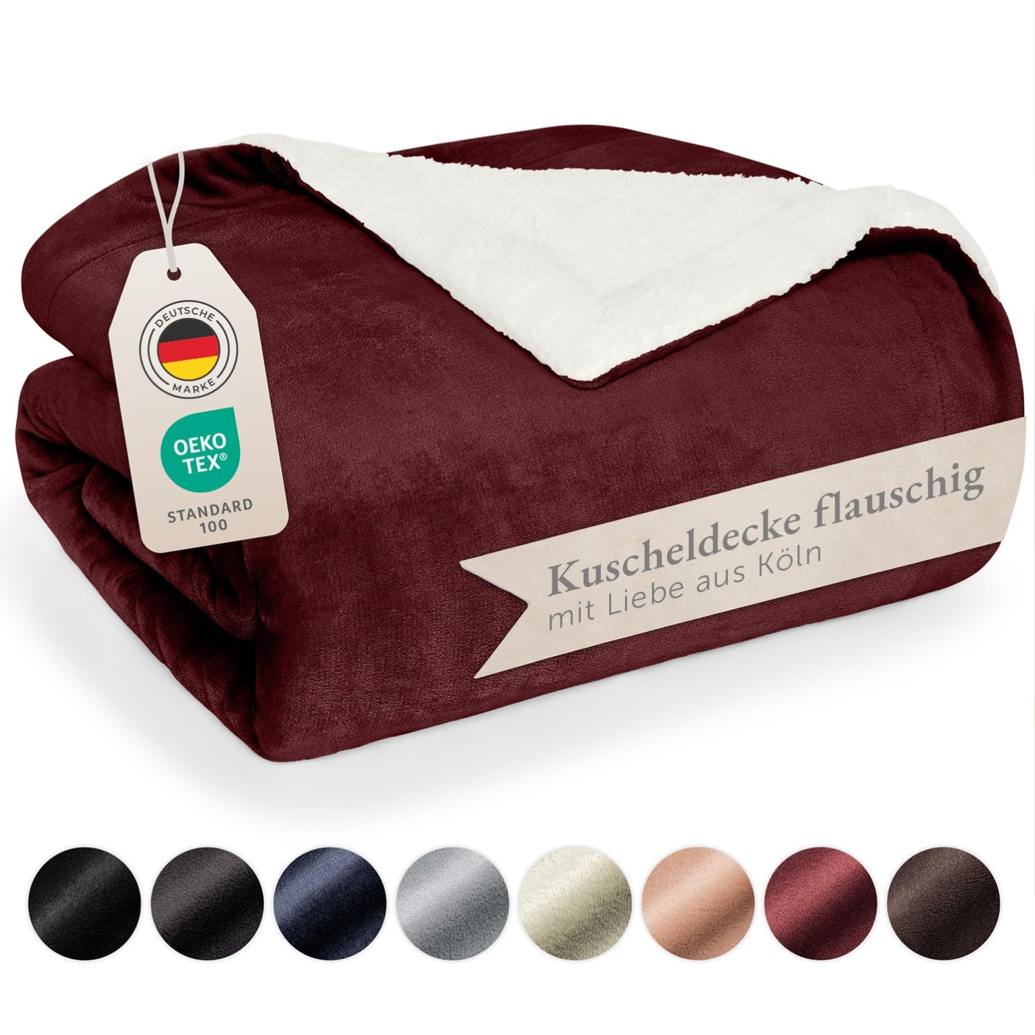 Blumtal Premium Sherpa Kuscheldecke flauschig 230x270 cm - Oeko-Tex zert. Sofa Decke mit Dicker Sherpa-Innenseite - super Flauschige Sherpa Decke extra dick und wärmend - Plüschdecke - Dunkelrot